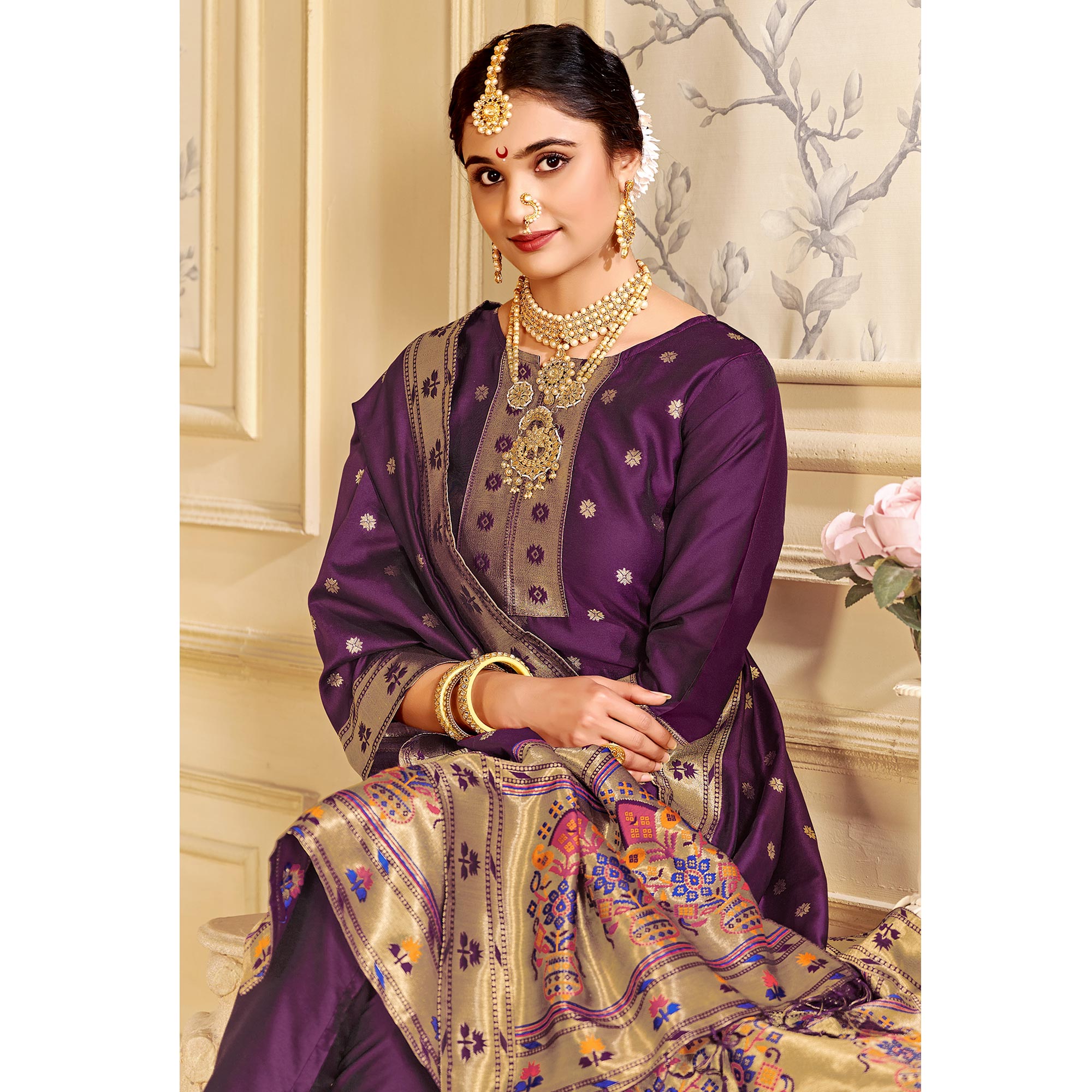 Purple Floral Woven Tapetta Silk Salwar Suit