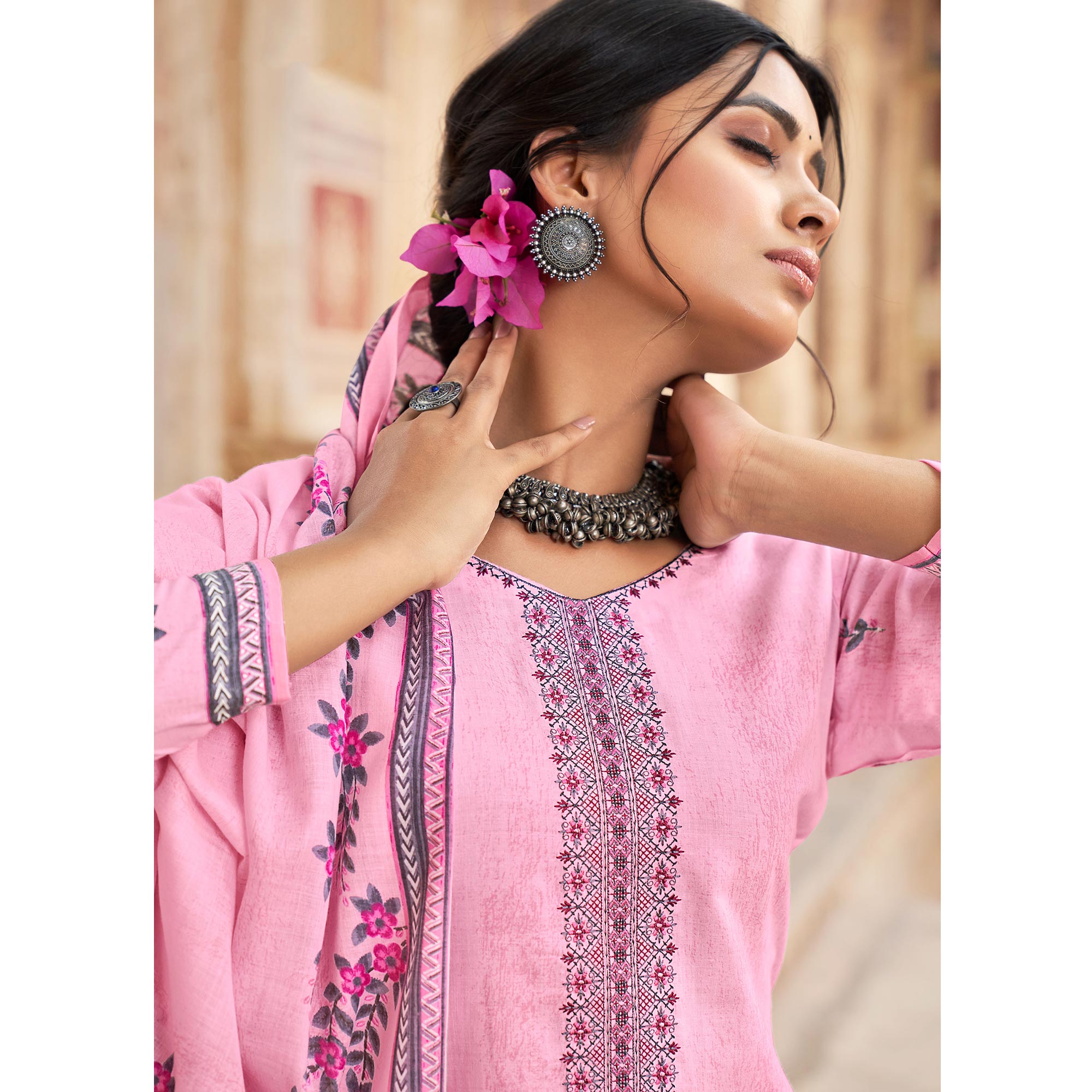 Pink Floral Printed With Embroidered Pure Cotton Palazzo Suit