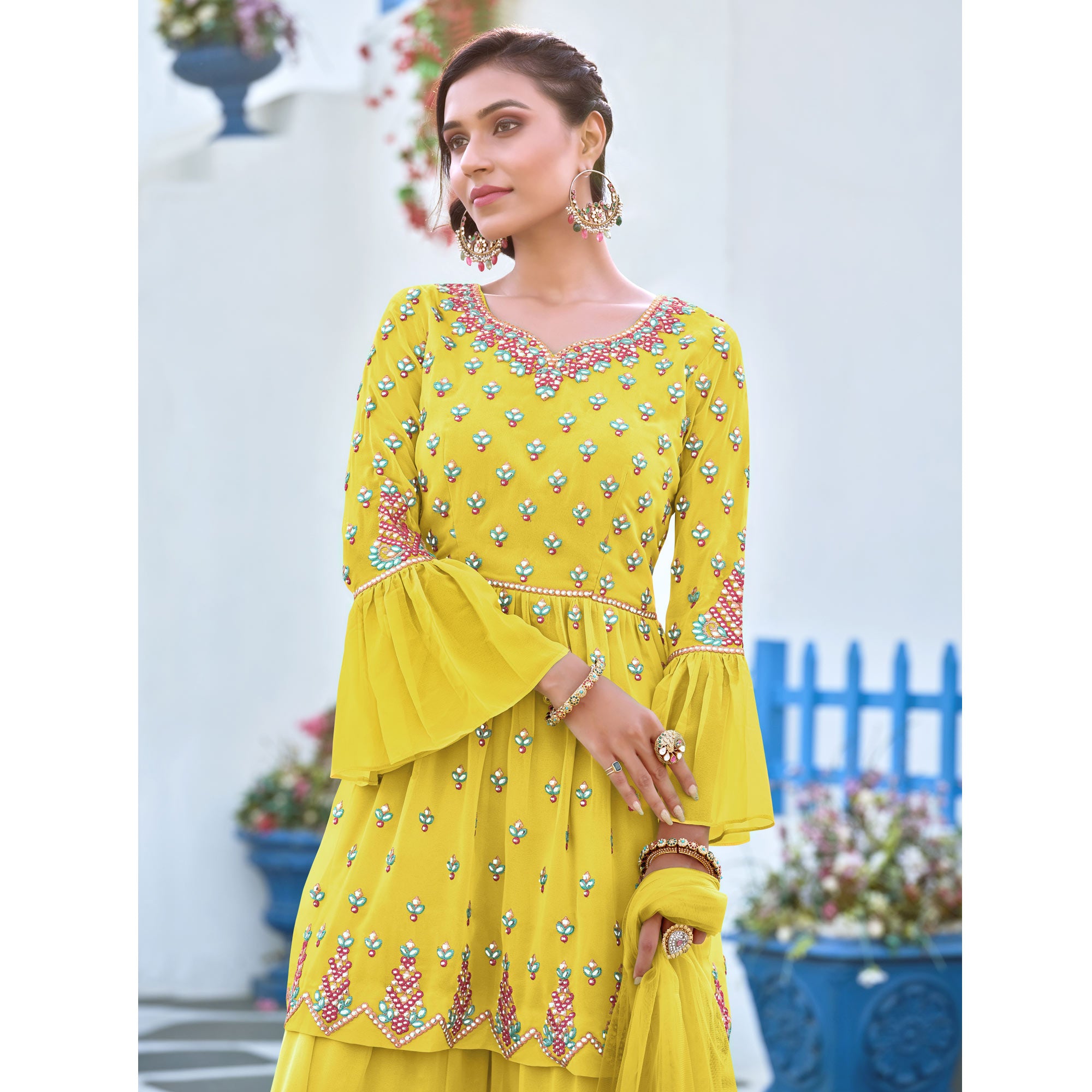 Yellow Floral Embroidered Georgette Sharara Suit