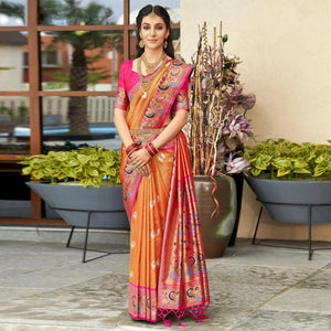 Orange Woven Kanjivaram Silk Paithani Saree With Tassels