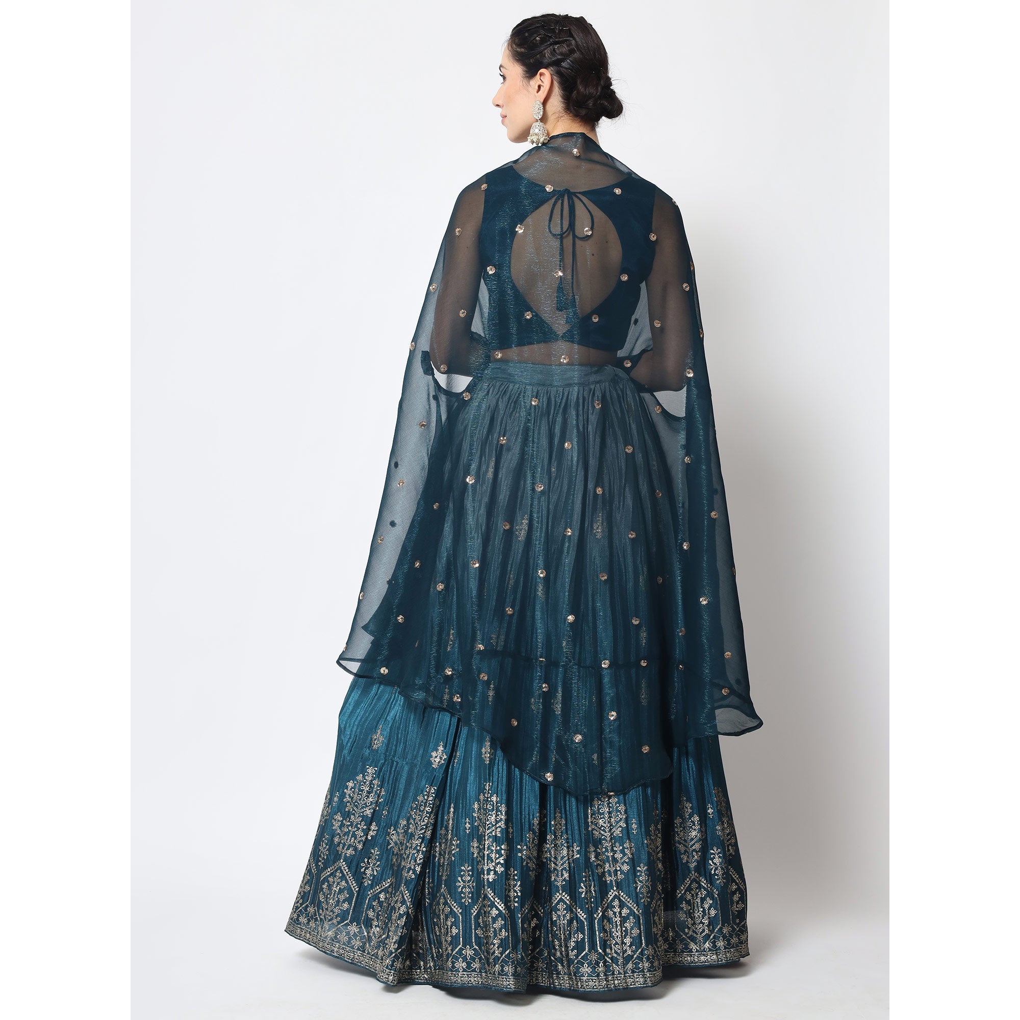 Teal Blue Foil Printed Chiffon Lehenga Choli