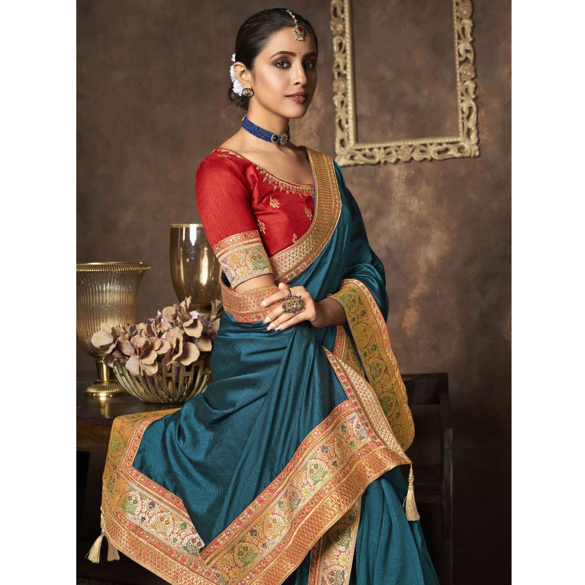 Teal Blue Solid With Woven Border Vichitra Silk Saree