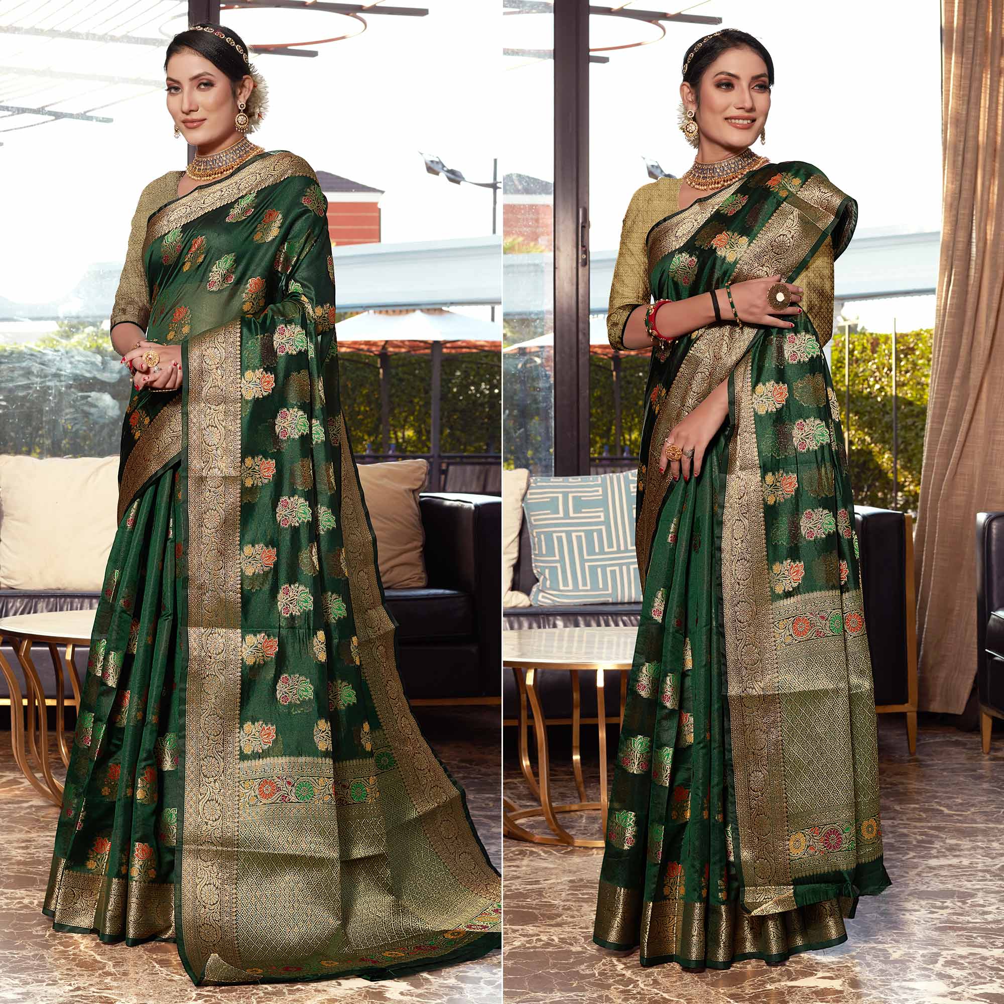 Bottle Green Floral Woven Organza Saree