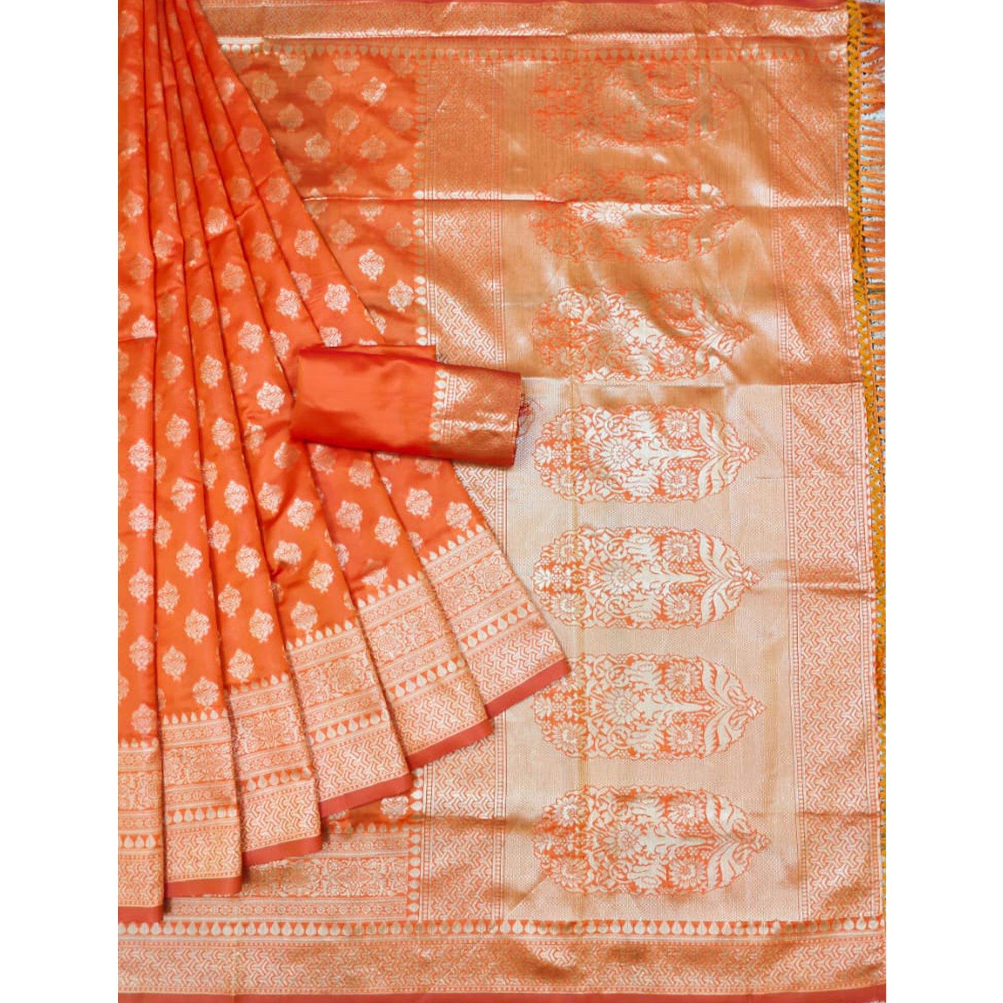 Orange Woven Jacquard Saree With Tassels