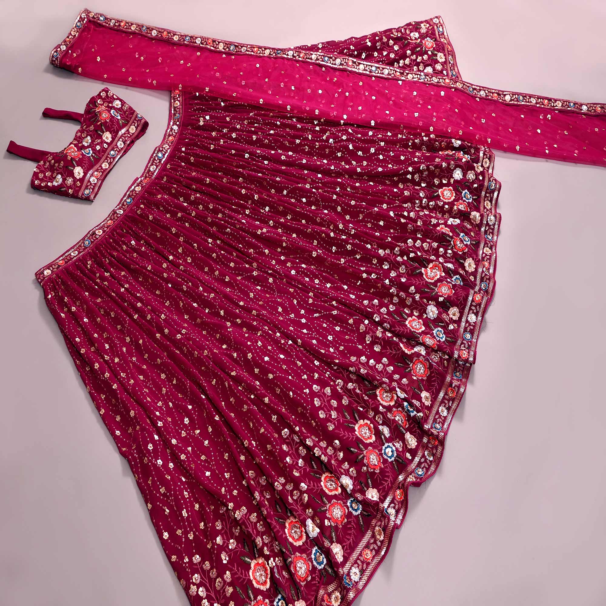 Wine Sequins Embroidered Georgette Lehenga Choli