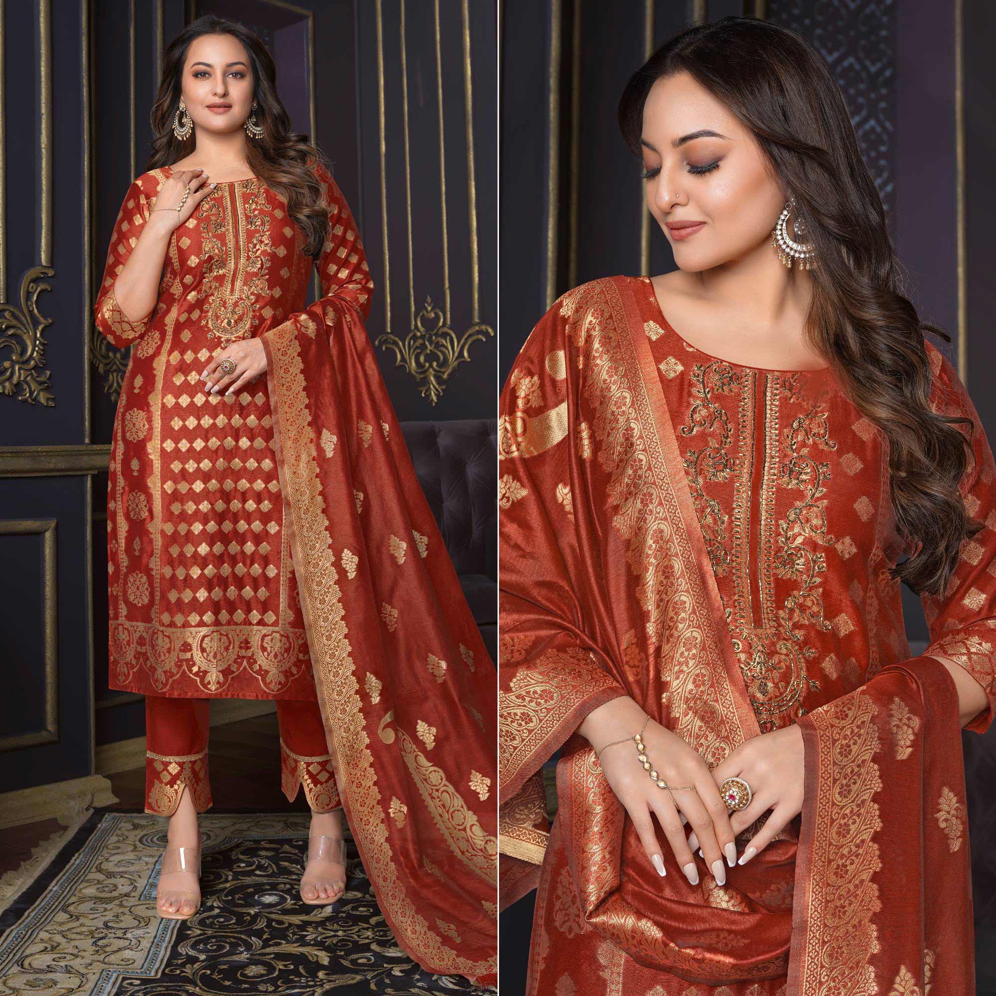 Rust Woven Banarasi Silk Salwar Suit