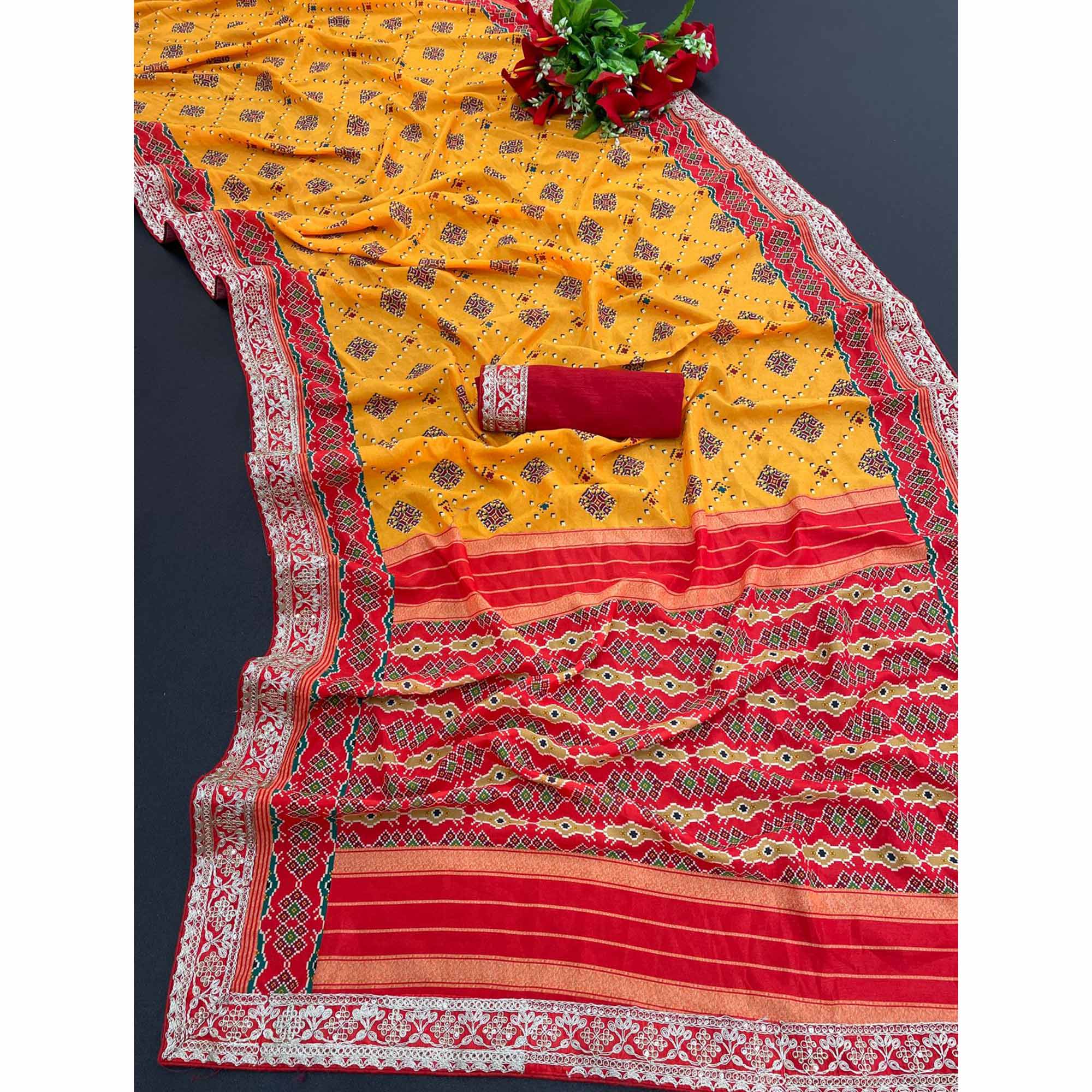 Mustard Digital Print With Sequins Vichitra Silk Saree