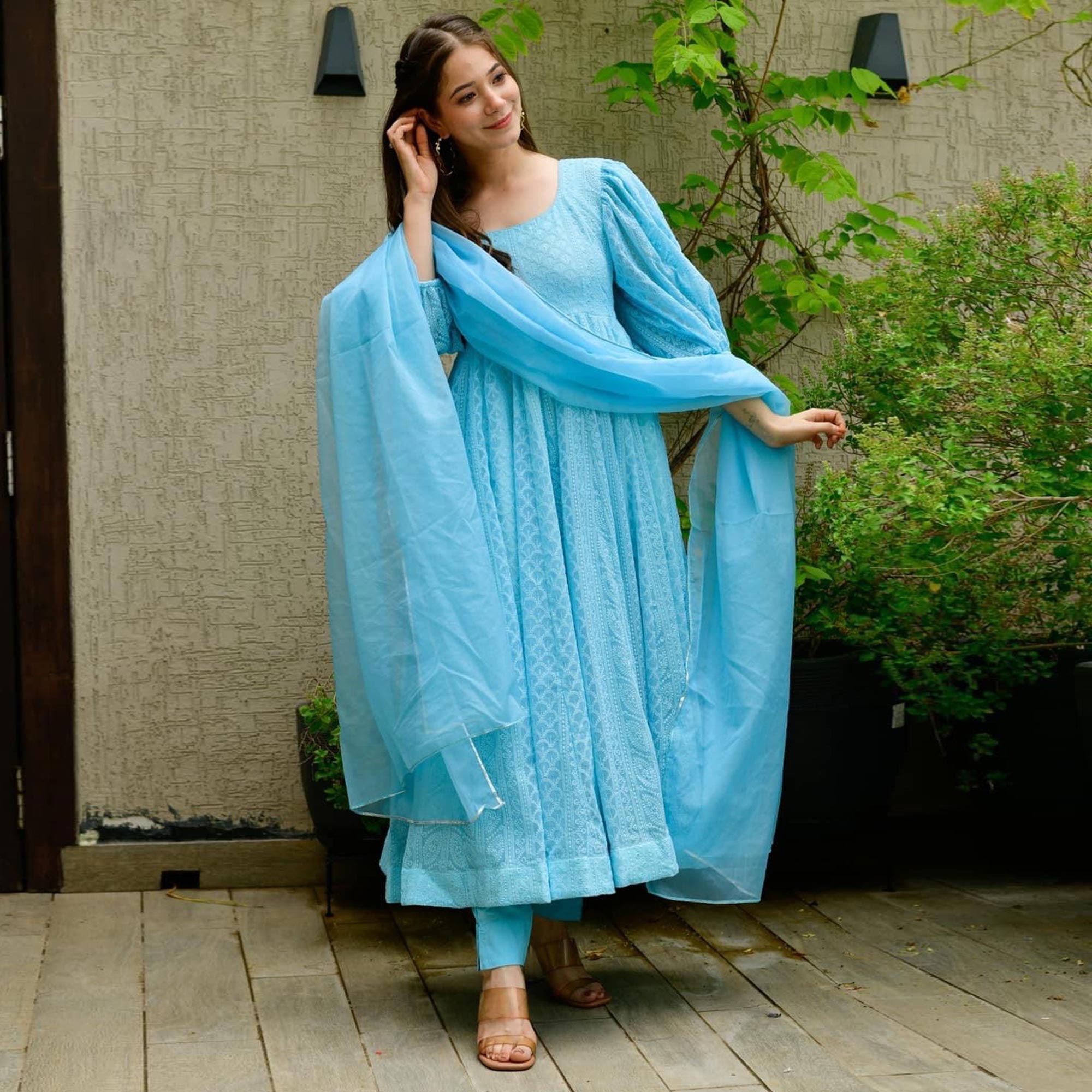 Blue Lucknowi Chikankari Work Georgette Anarkali Suit