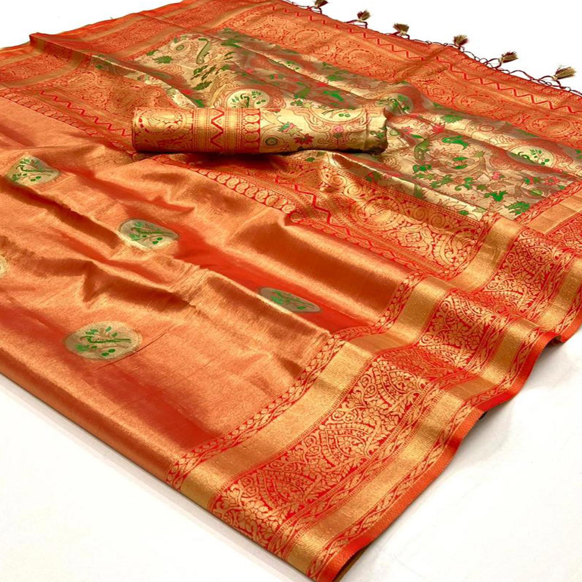 Orange Woven Art Silk Saree With Tassels