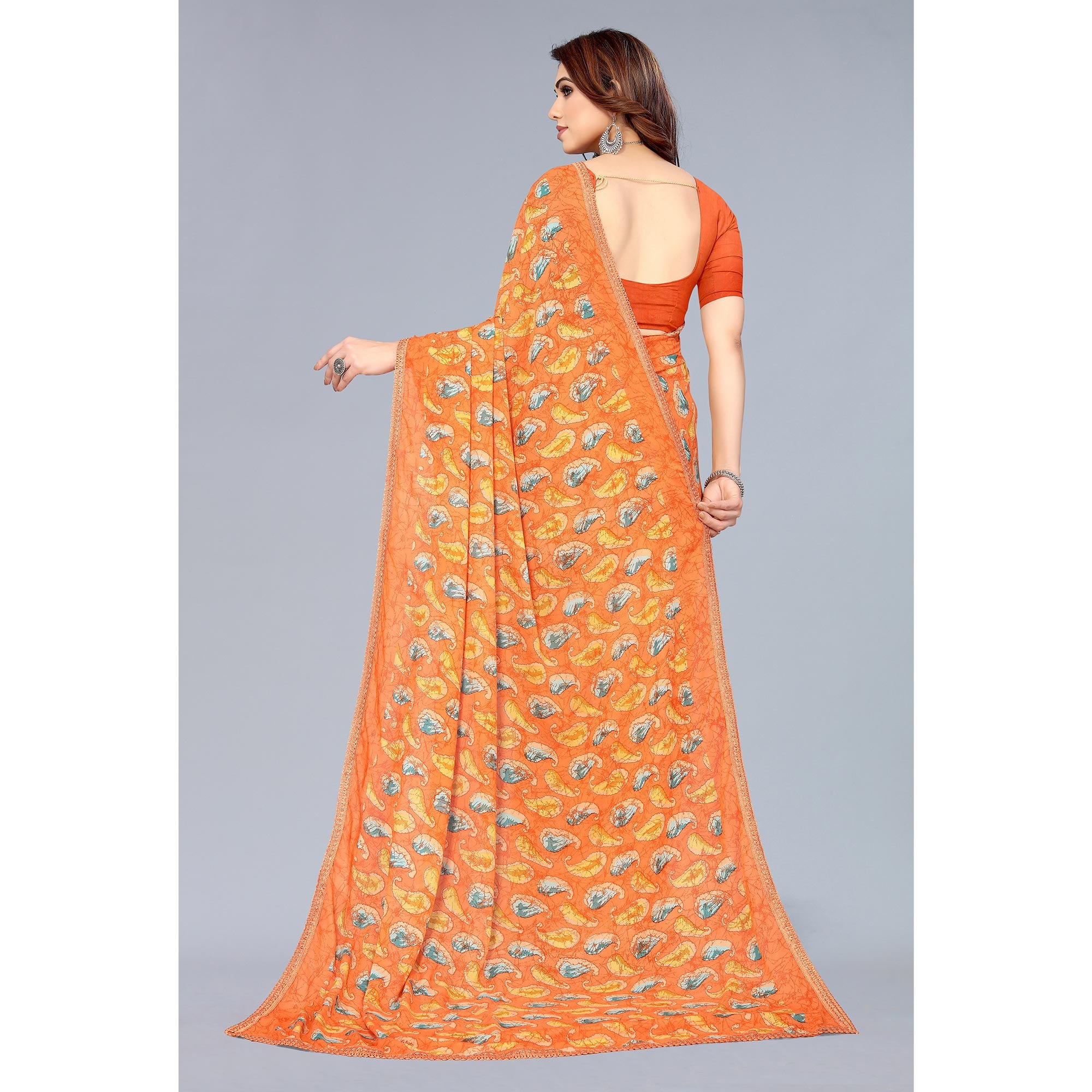 Orange Printed Georgette Saree With Crochet Border