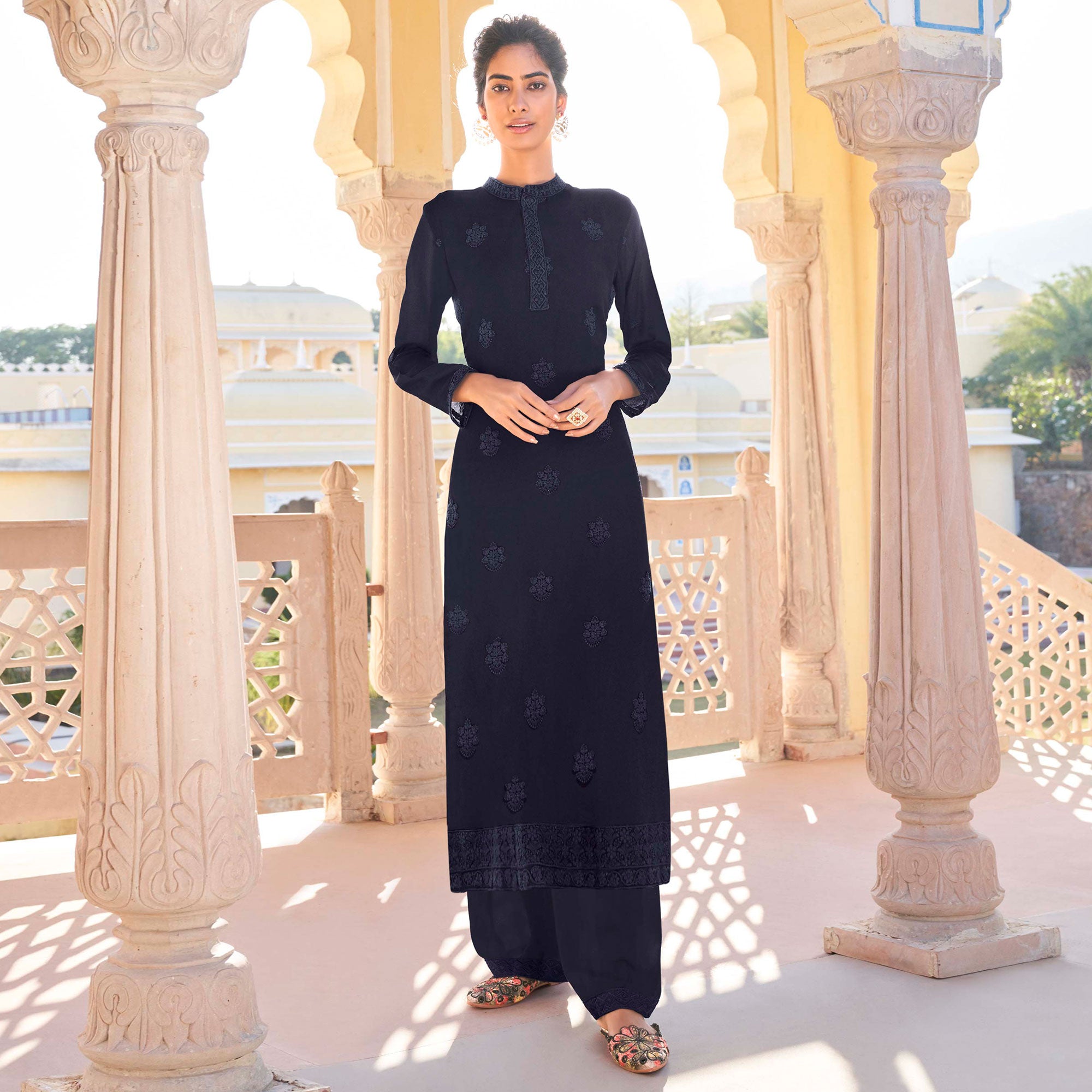 Navy Blue Lucknowi Embroidered Georgette Kurti Palazzo Set