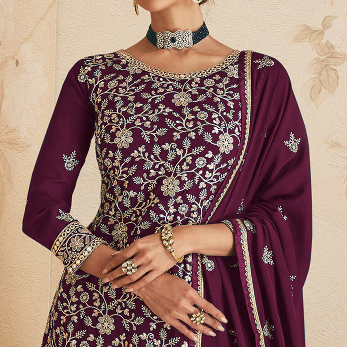 Purple Sequins Embroidered Georgette Sharara Suit