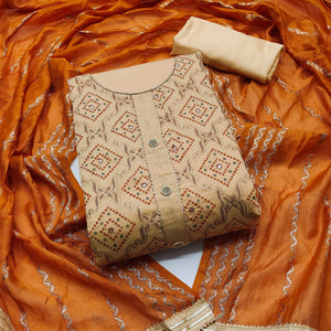 Beige Embroidered Chanderi Dress Material