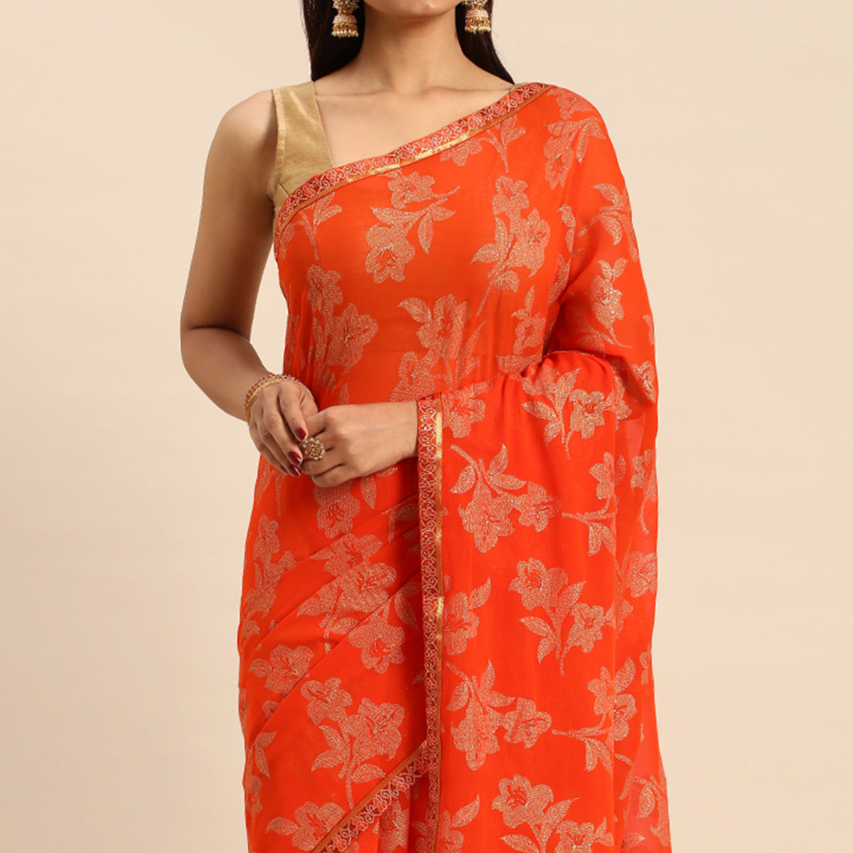 Orange Floral Foil Printed Zomato Saree