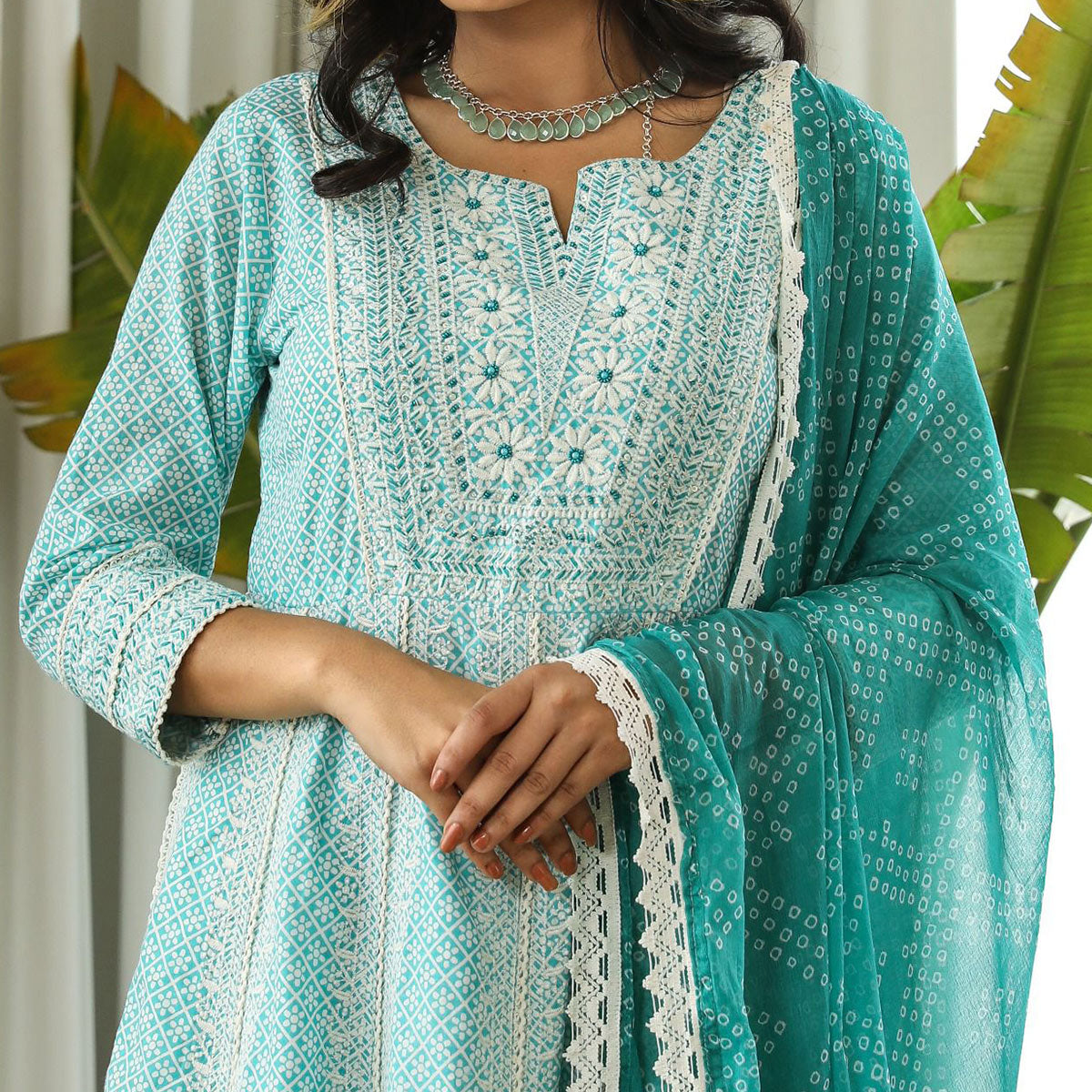 Blue Floral Embroidered Pure Cotton Crosia Border Anarkali Suit