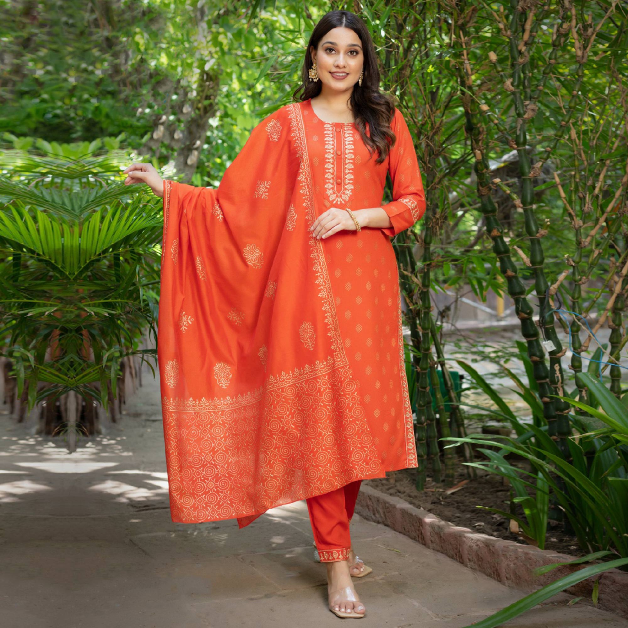 Orange Printed Rayon Salwar Suit