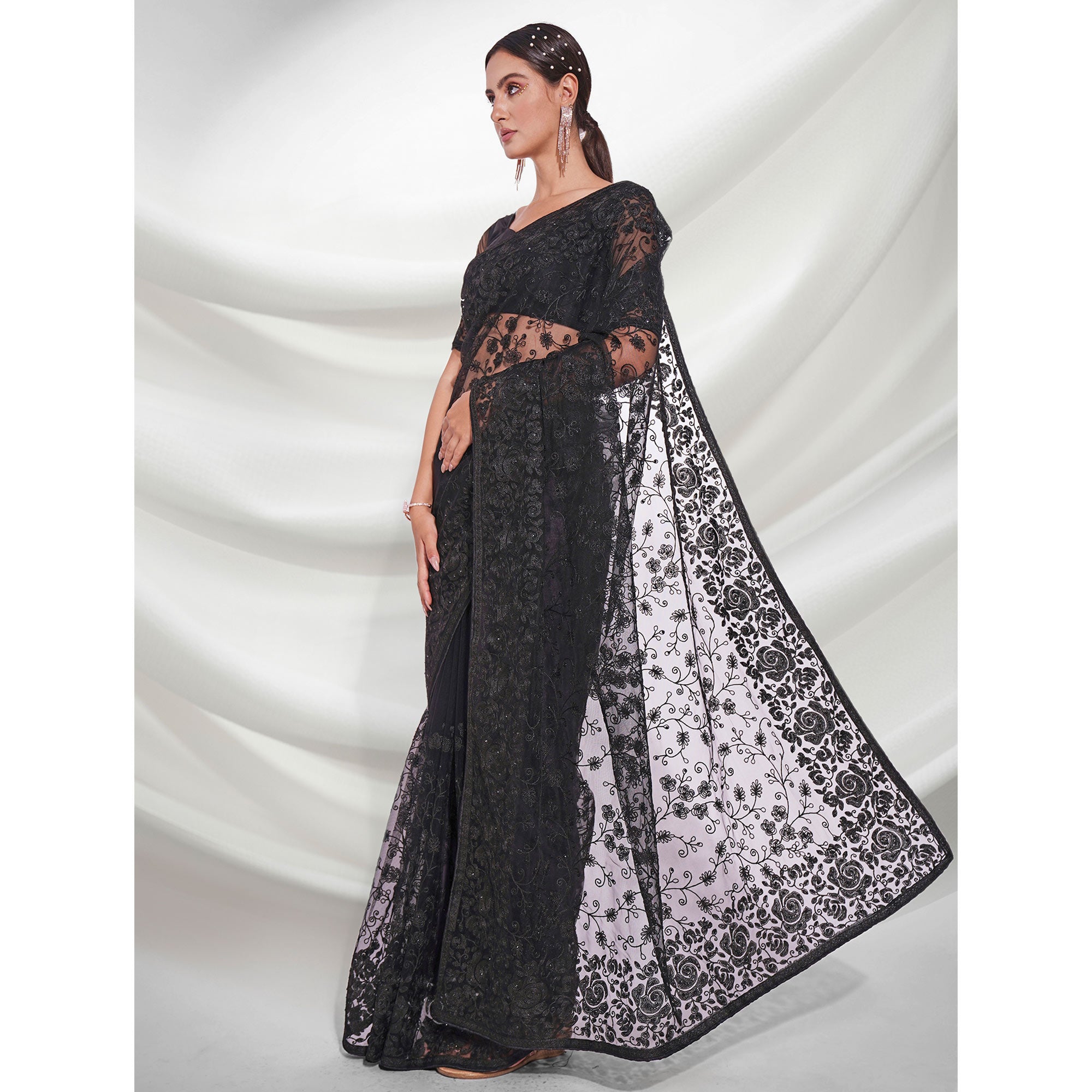 Black Floral Embroidered Net Saree