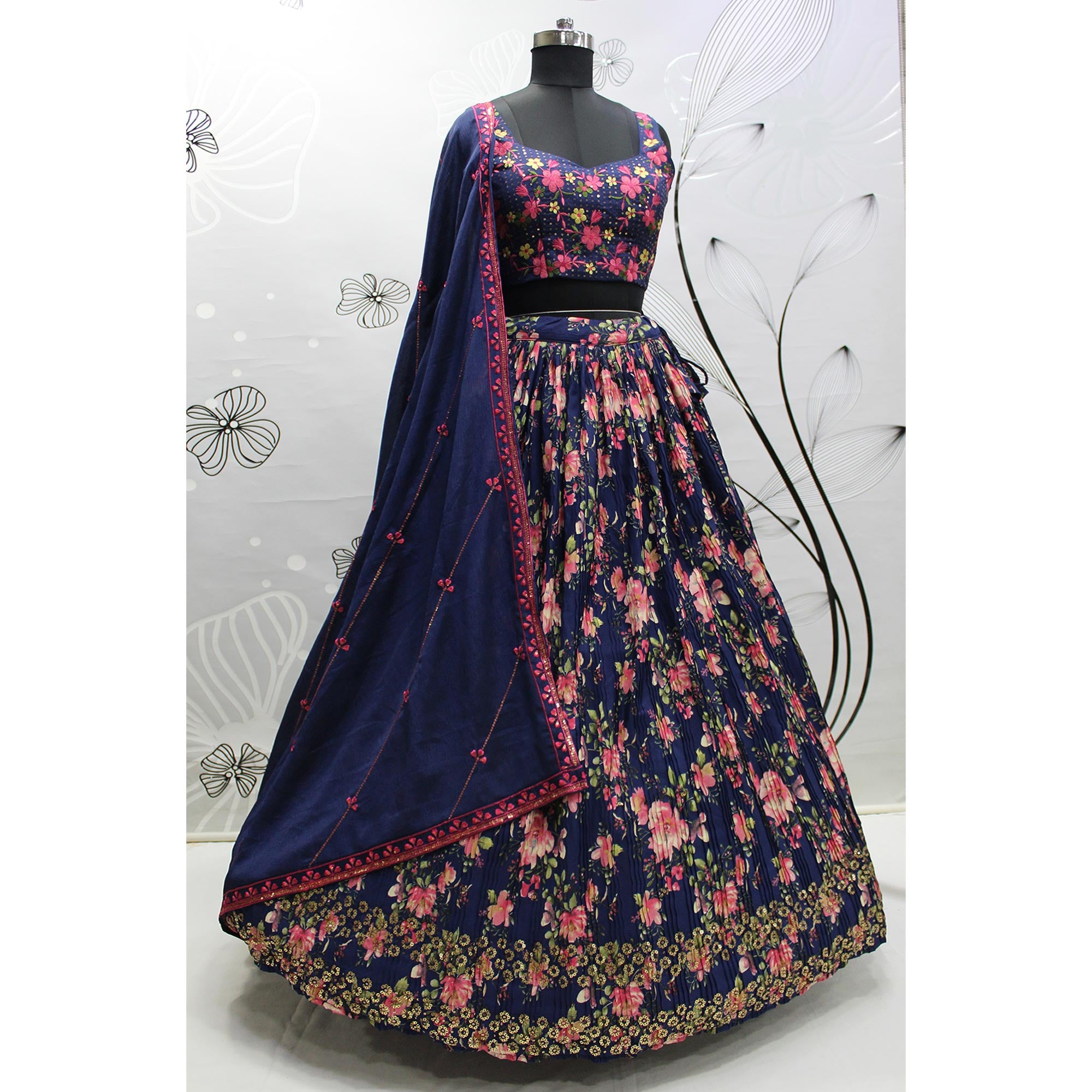 Navy Blue Floral Printed Art Silk Lehenga Choli