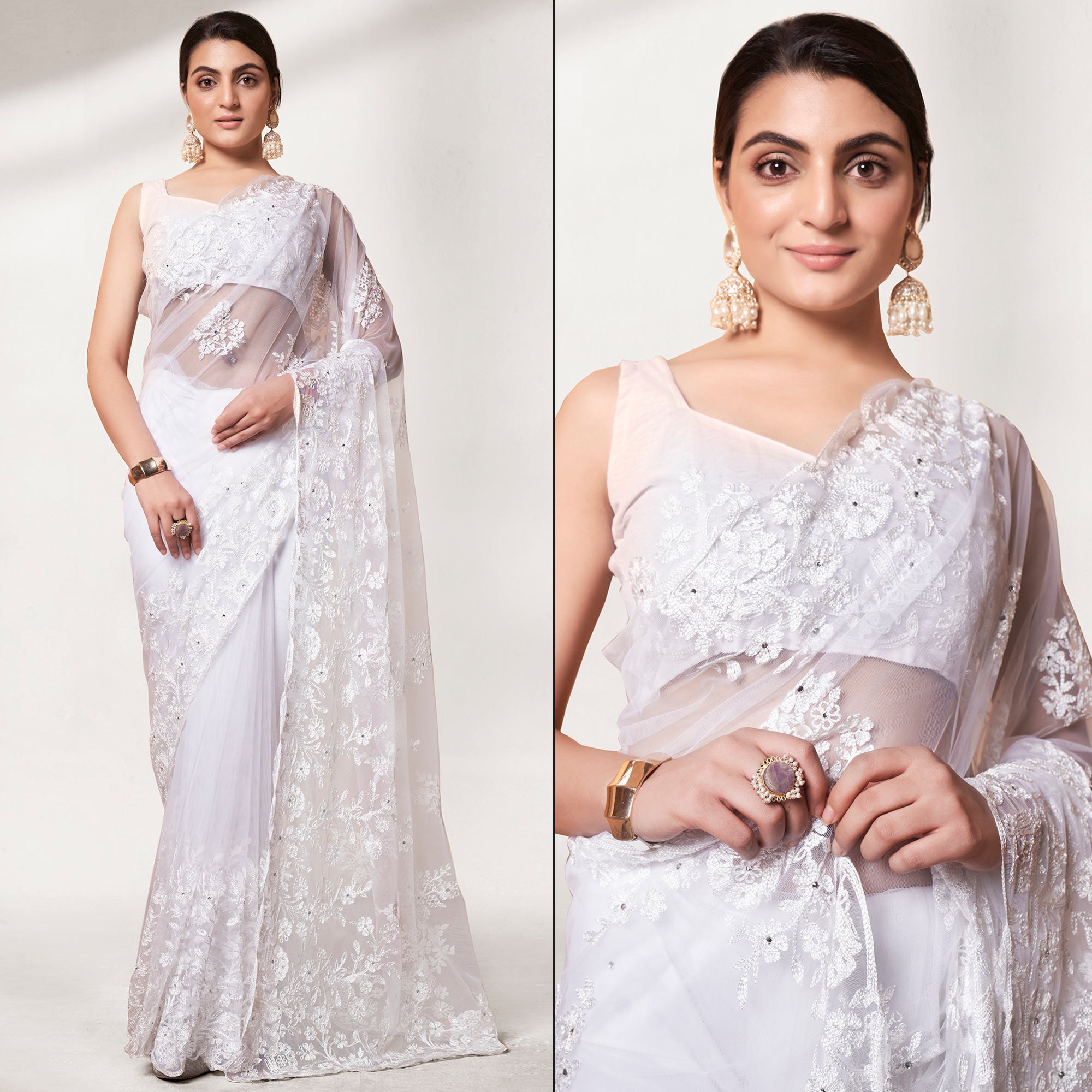 White Floral Embroidered Soft Net Saree