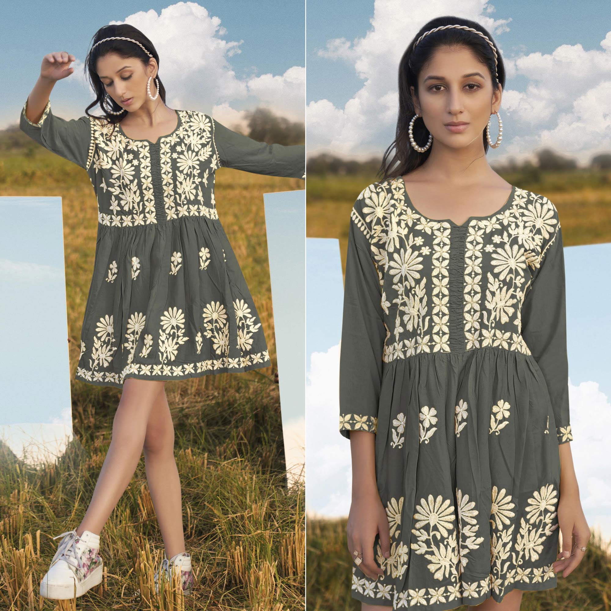 Grey Lucknowi Embroidered Rayon Tunic