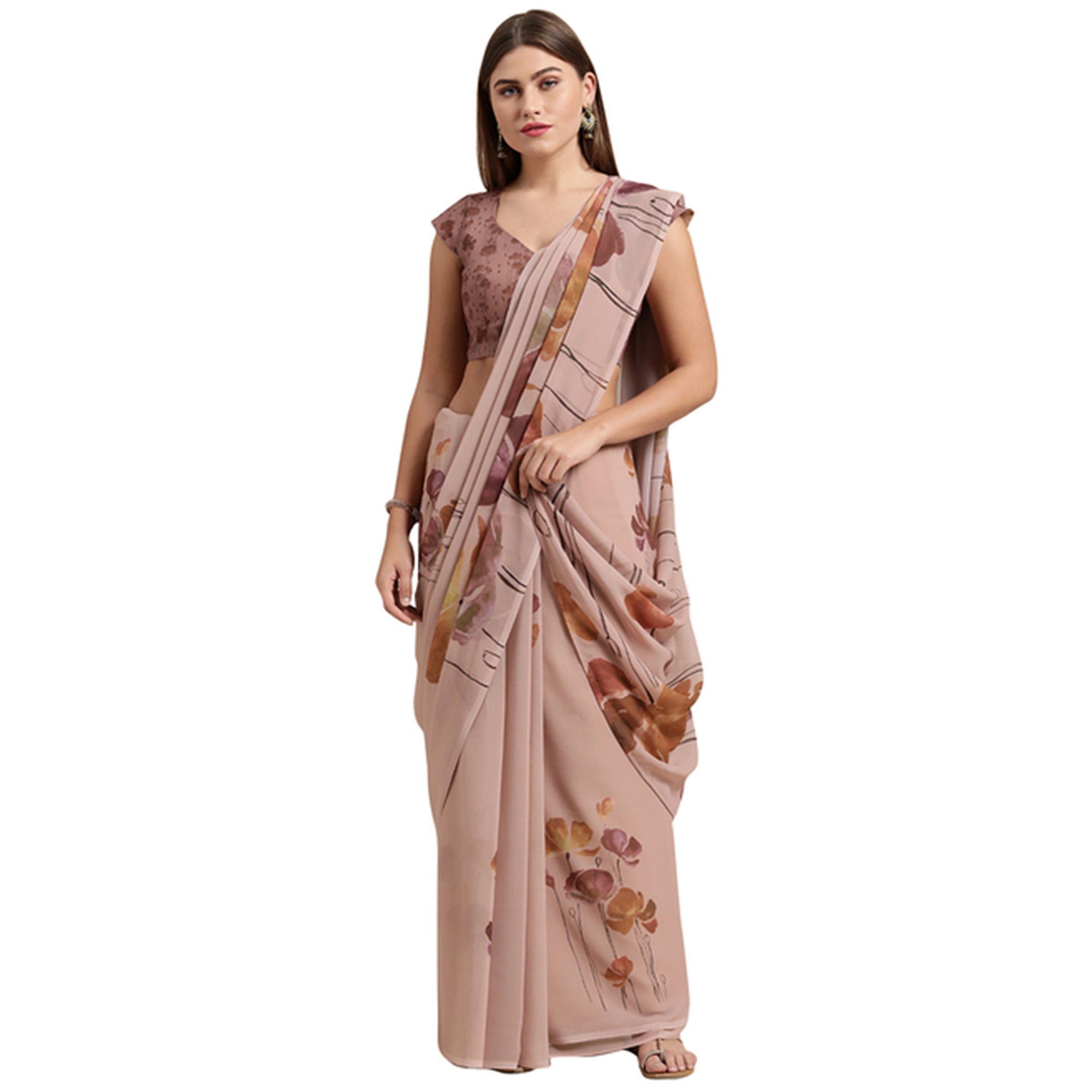 Beige Floral Digital Printed Georgette Saree