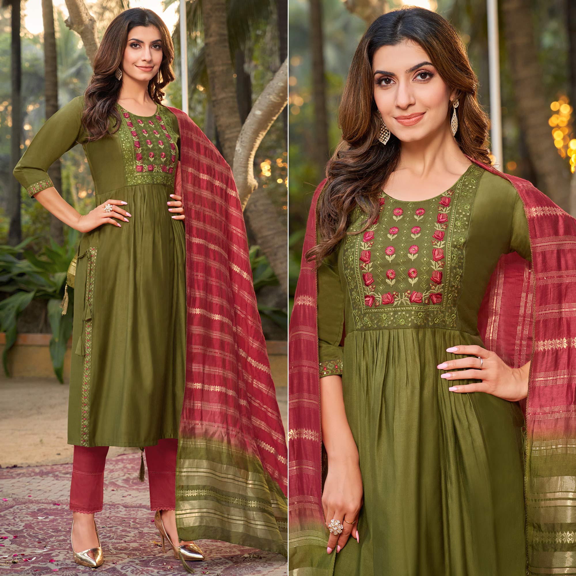 Olive Green Floral Embroidered Pure Silk Naira Cut Suit