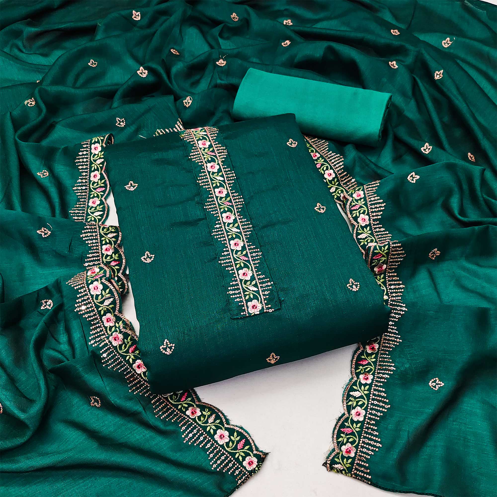 Rama Green Floral Embroidered Vichitra Silk Dress Material