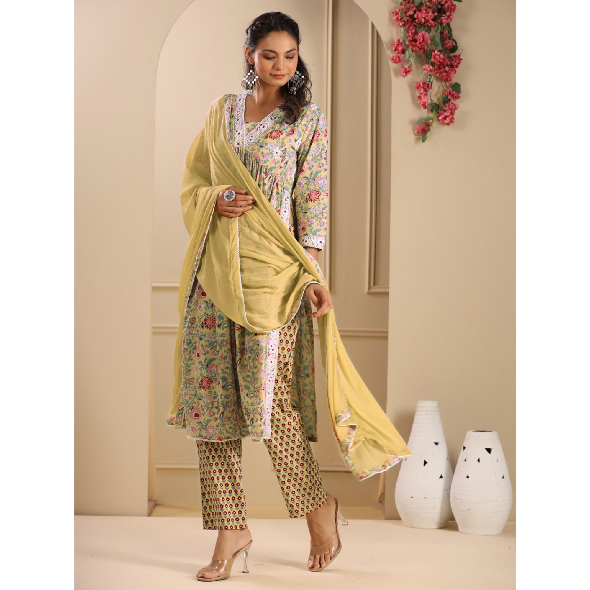 Mustard Floral Printed Pure Cotton Naira Cut Suit