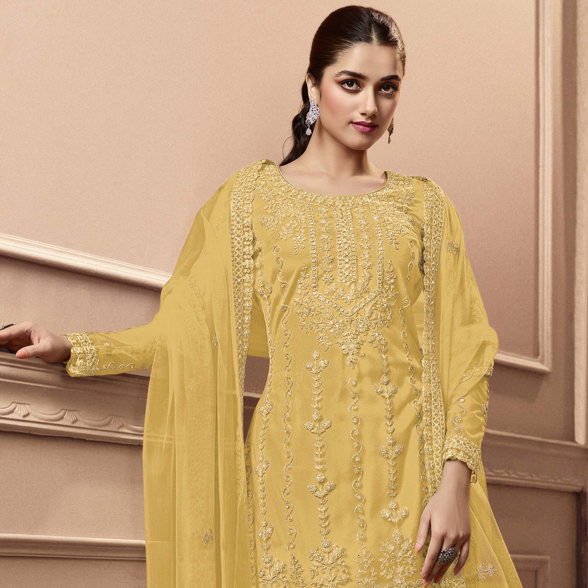 Yellow Floral Embroidered Netted Pakistani Suit