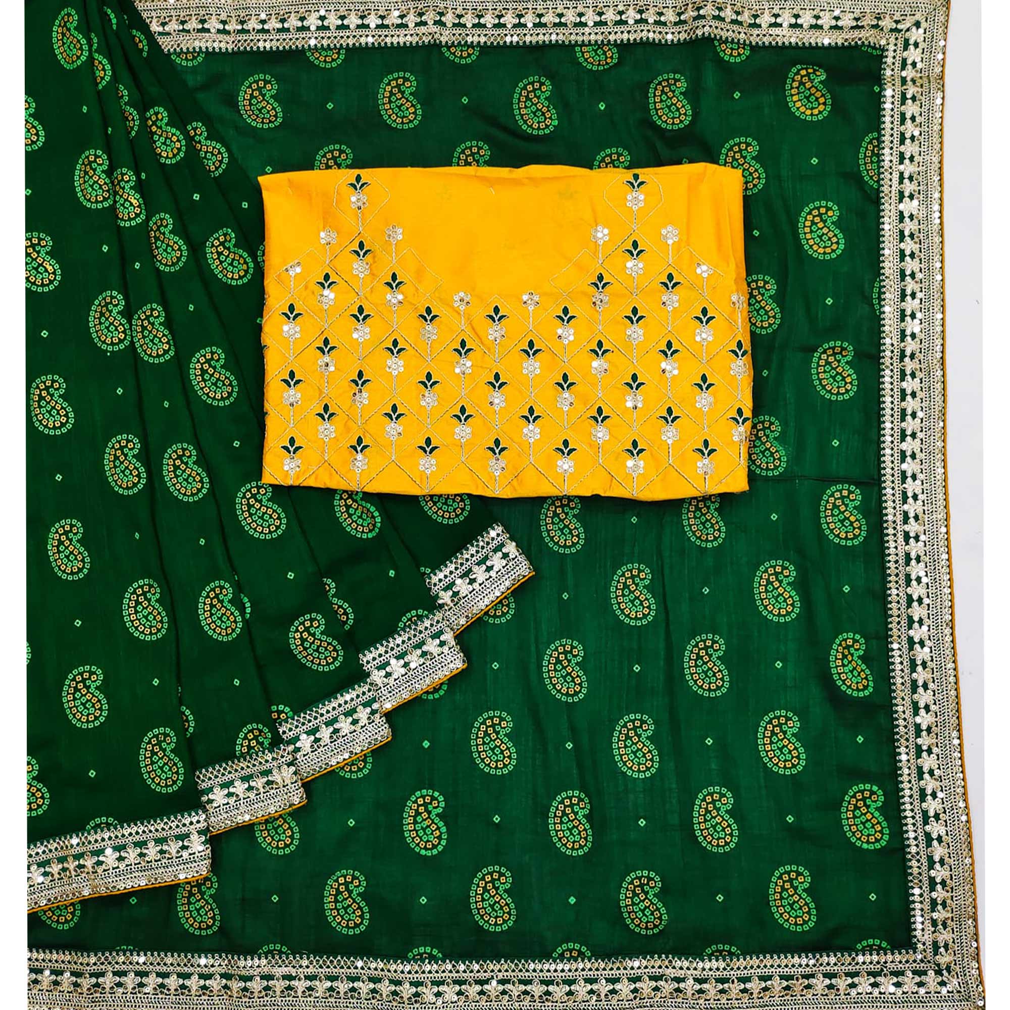 Green Bandhani Printed With Sequins Embroidered Vichitra Silk Saree
