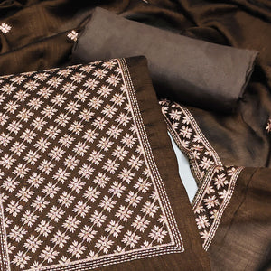 Coffee Brown Embroidered Modal Dress Material