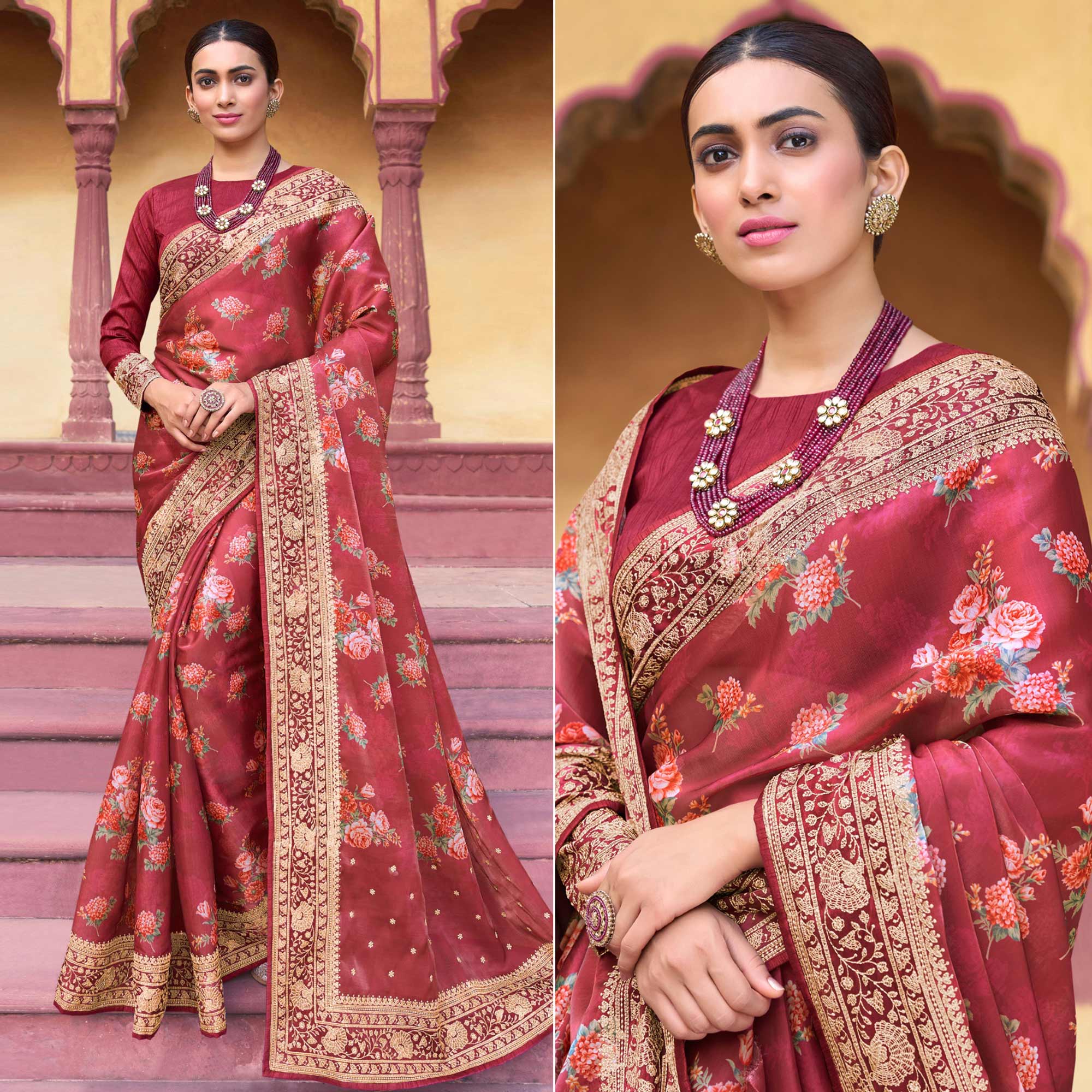 Red Floral Printed With Embroidered Organza Saree