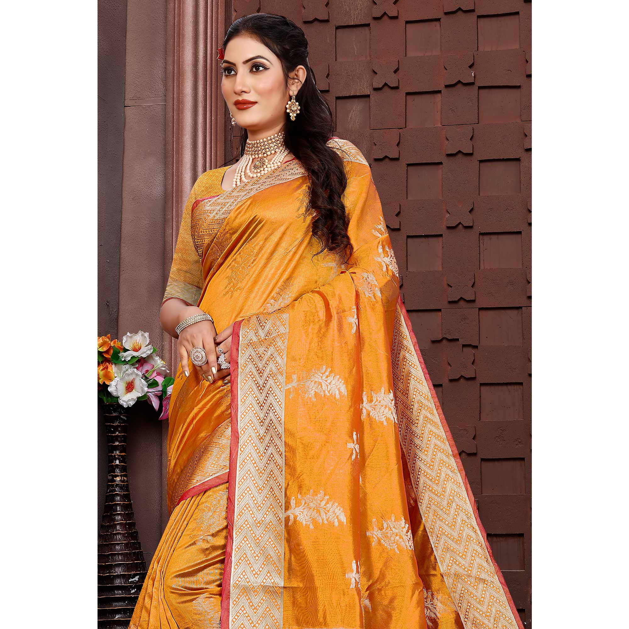 Mustard Floral Woven Organza Saree