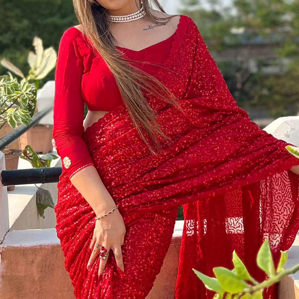 Red Sequins Embroidered Georgette Saree