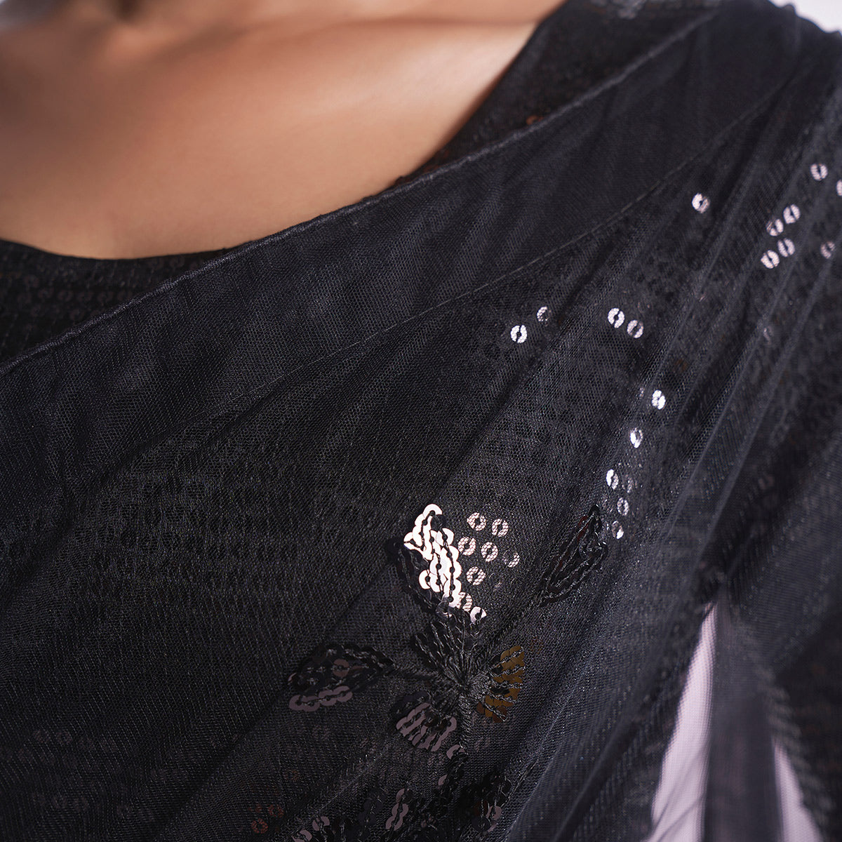 Black Floral Sequins Embroidered Soft Net Saree