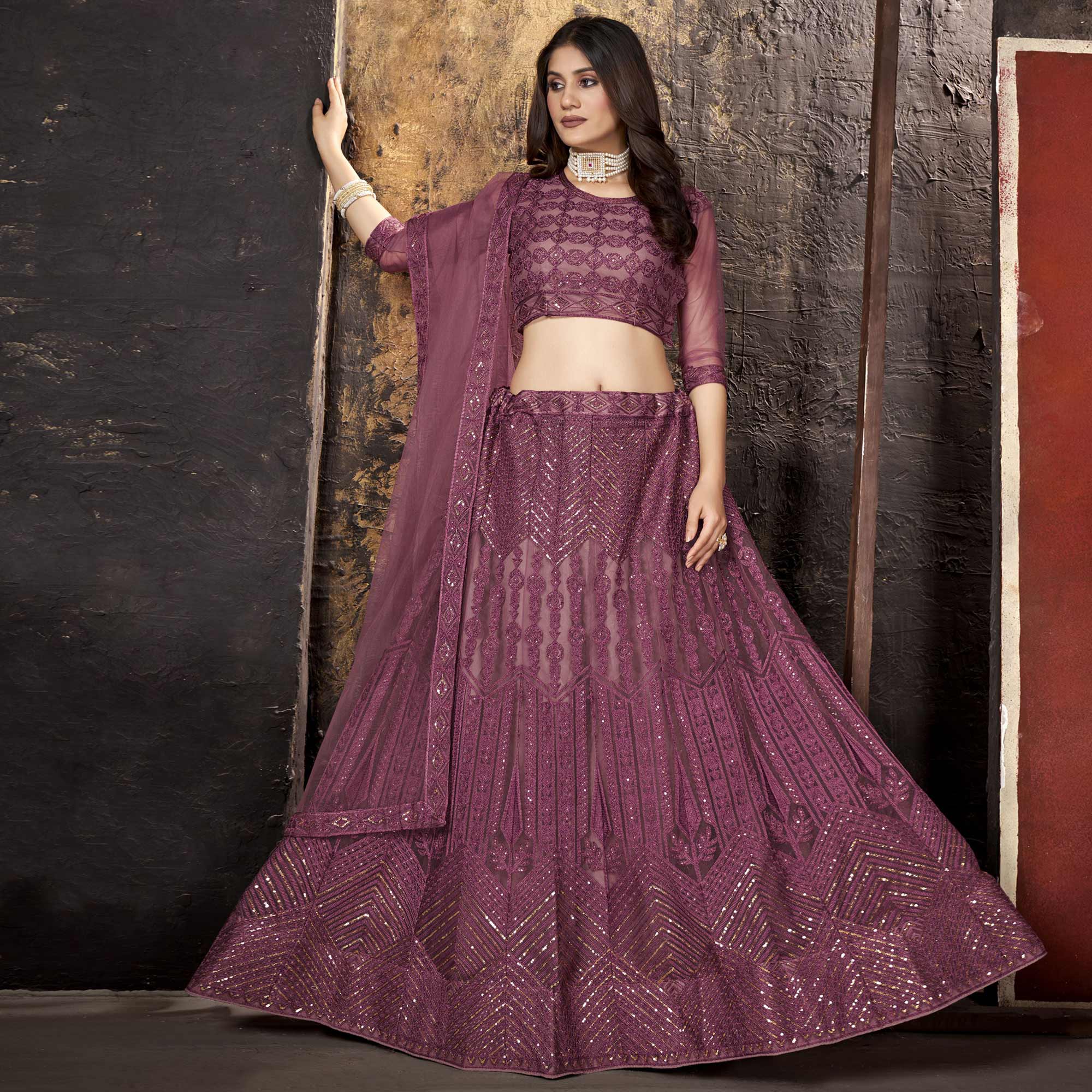 Plum Purple Sequins Embroidered Net Lehenga Choli