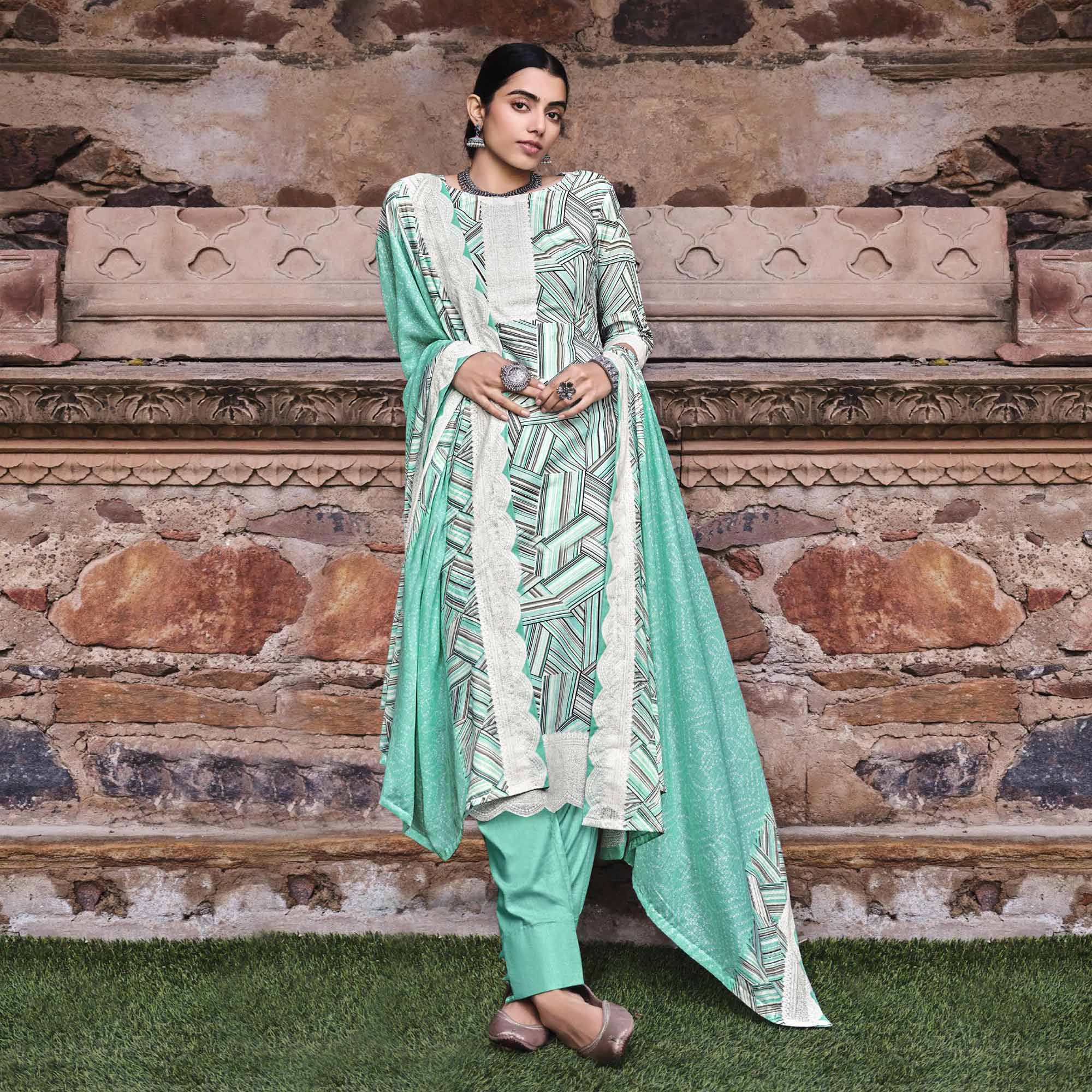 Turquoise Printed Pure Cotton Salwar Suit