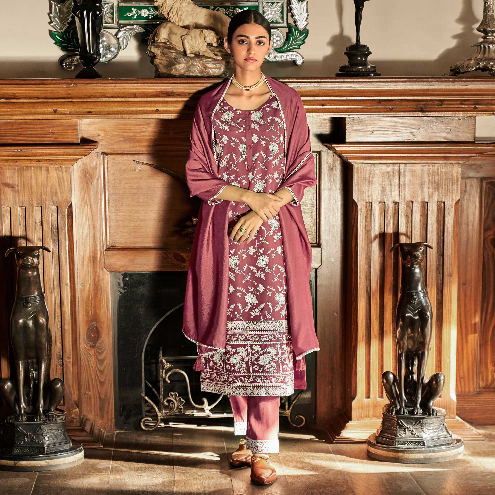 Brick Red Lucknowi Embroidered Modal Salwar Suit