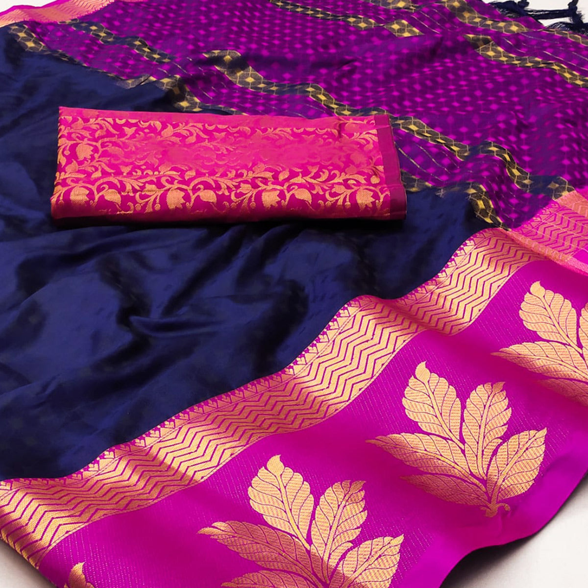 Navy Blue Woven Cotton Silk Saree With Tassels