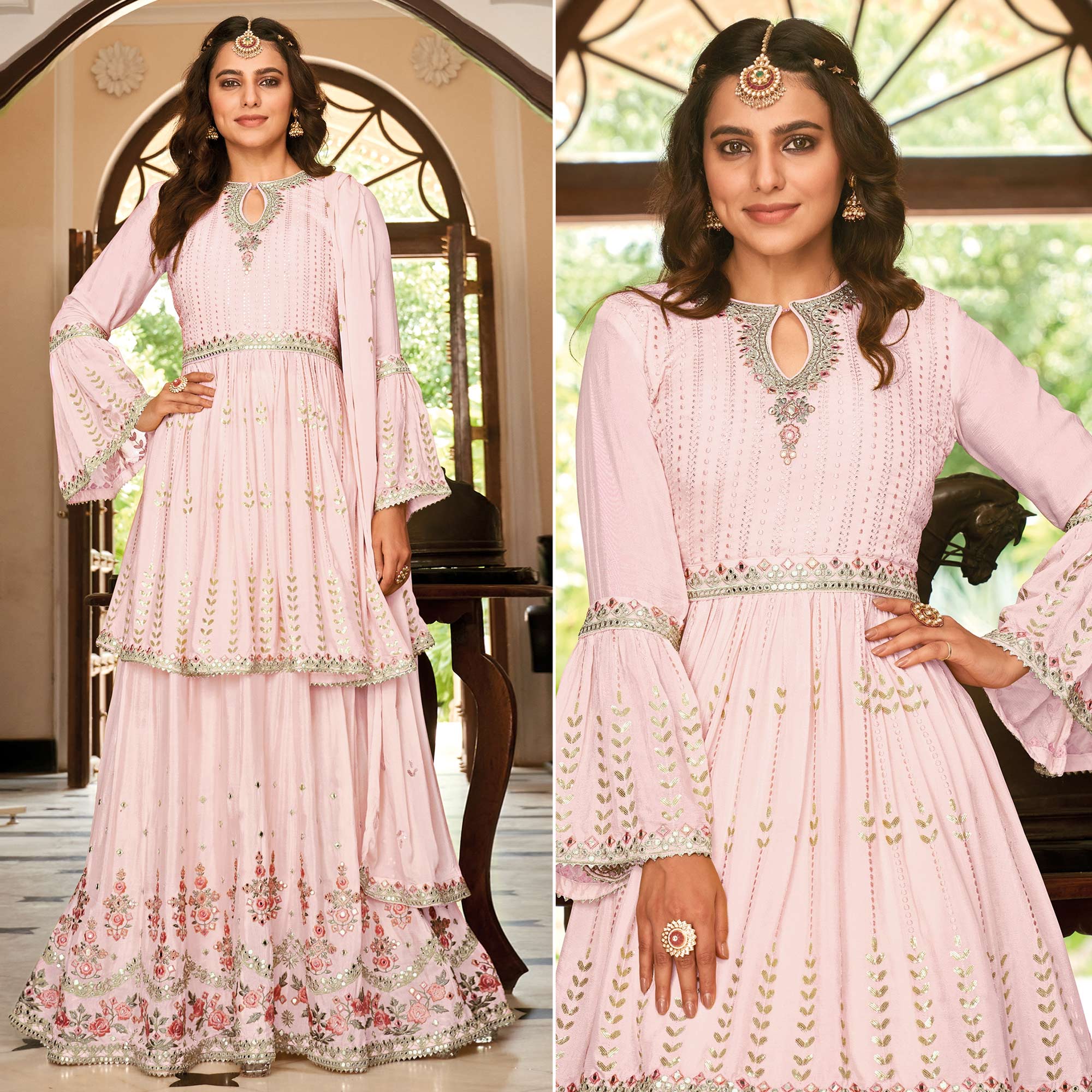 Pink Floral Sequins Embroidered Chiffon Semi Stitched Sharara Suit