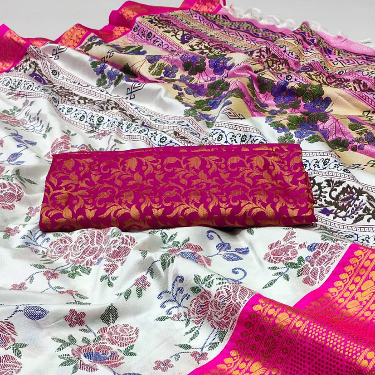 White And Rani Pink Floral Printed With Woven Cotton Silk Saree