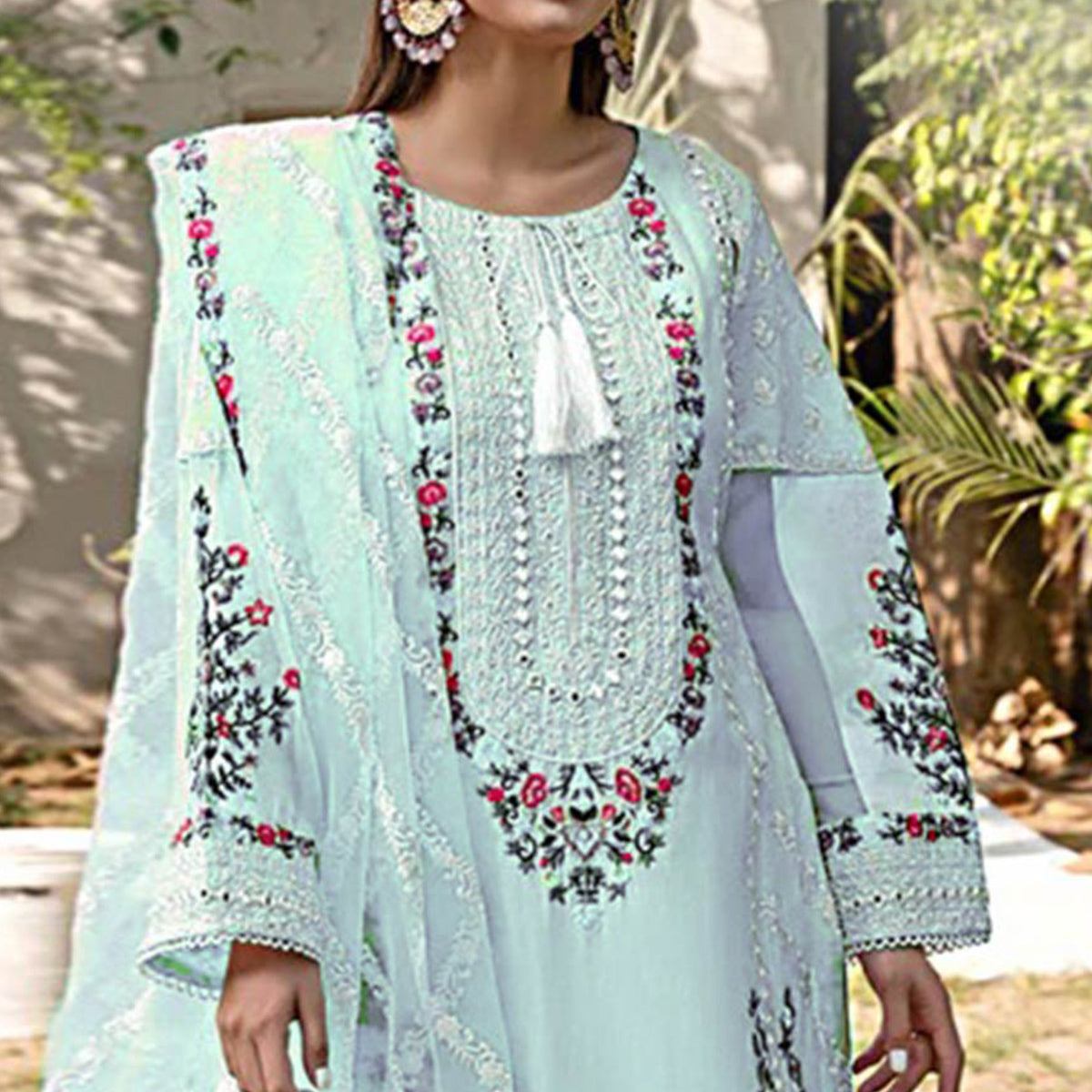 Blue Floral Embroidered Georgette Palazzo Suit