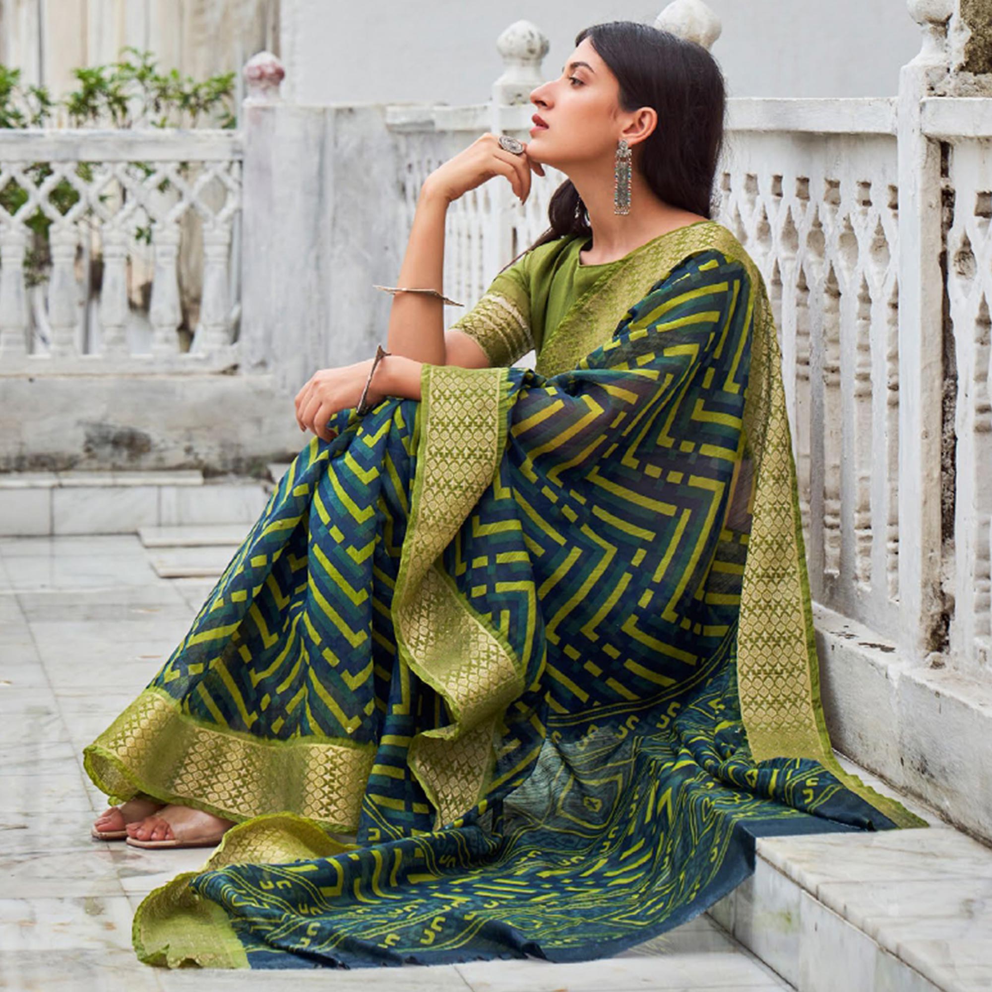 Green-Blue Printed With Woven Border Raw Silk Saree