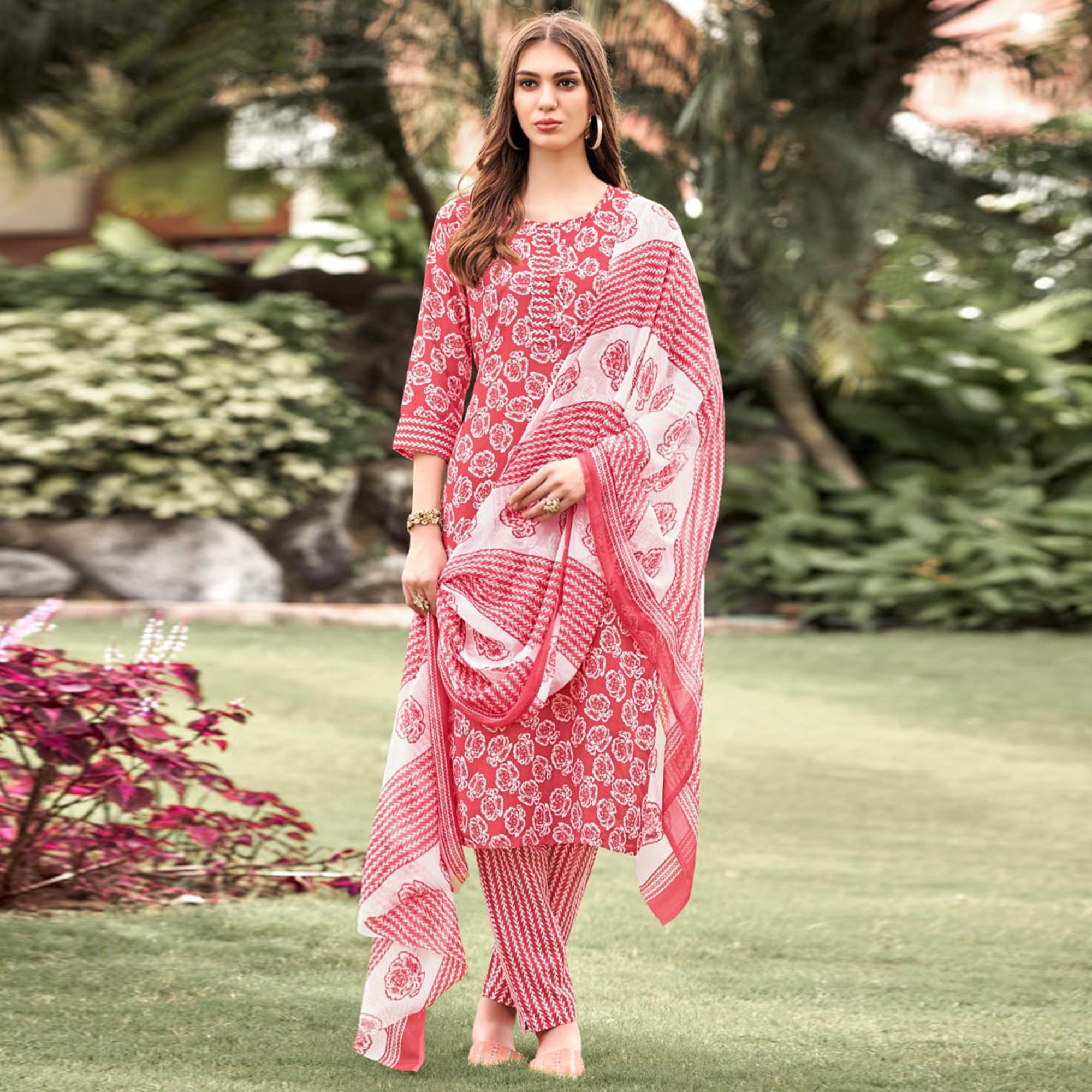 Pink Floral Printed Cotton Blend Suit