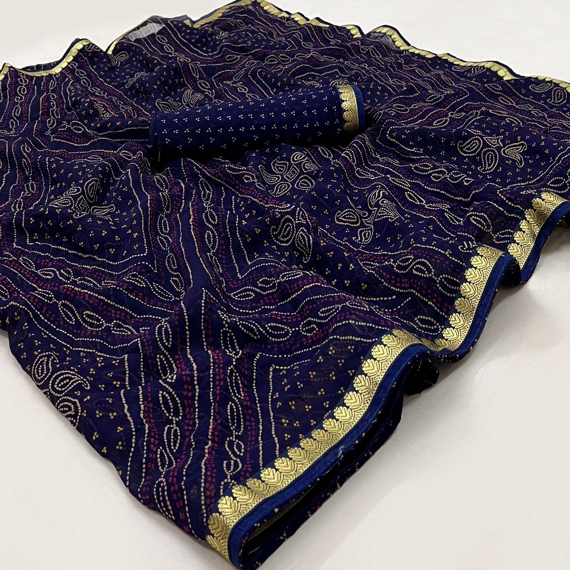 Blue Bandhani Printed Georgette Saree With Designer Border