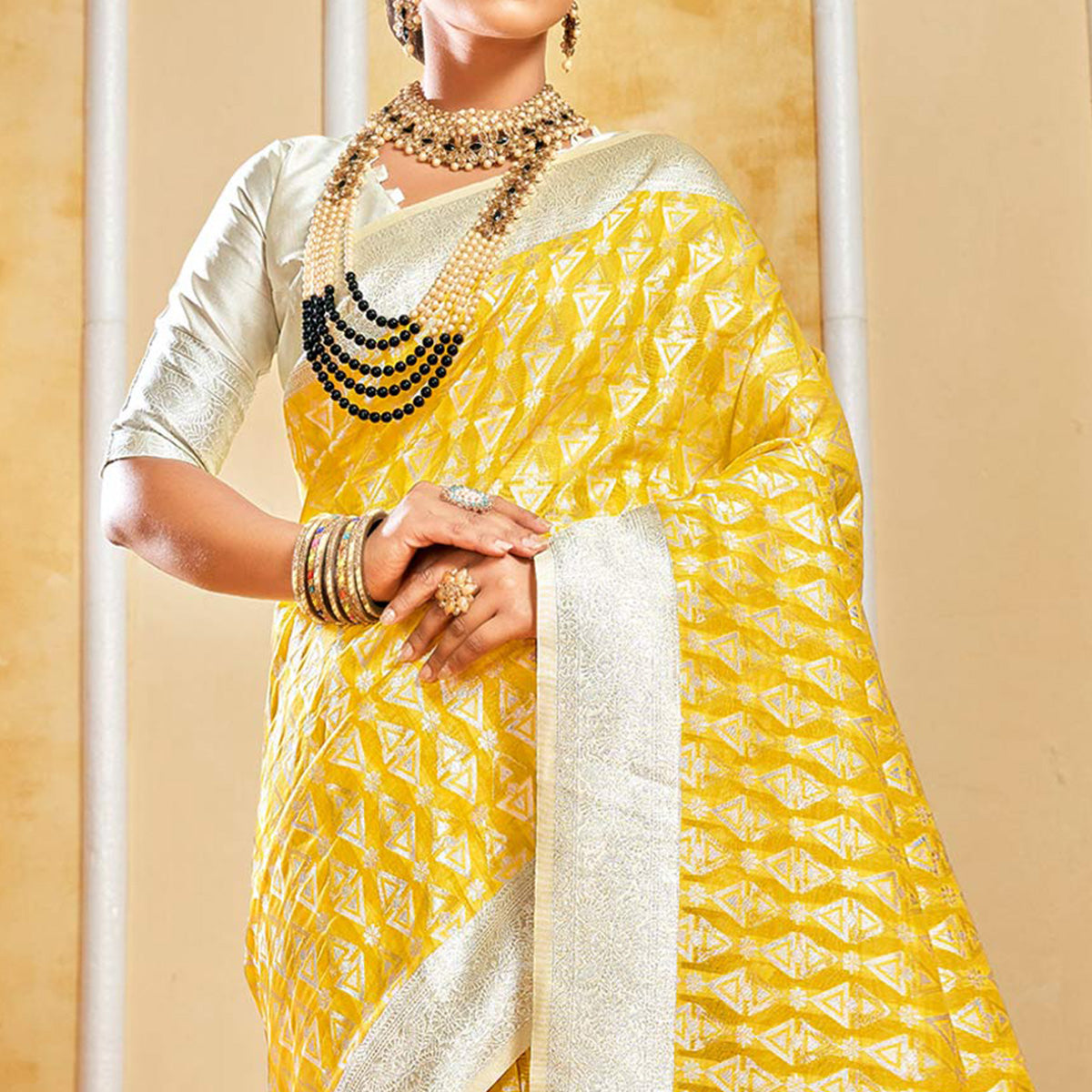 Yellow Woven Cotton Silk Saree With Tassels
