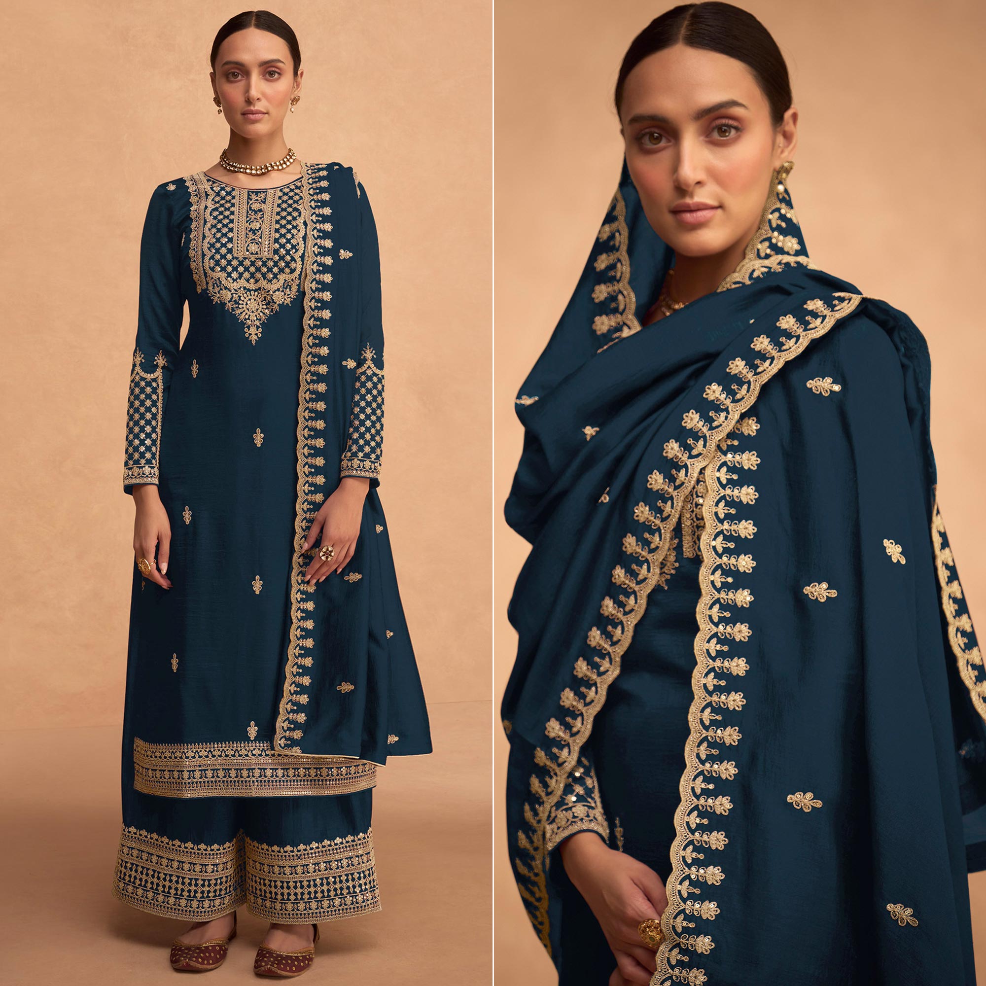 Teal Blue Sequins Embroidered Georgette Palazzo Suit