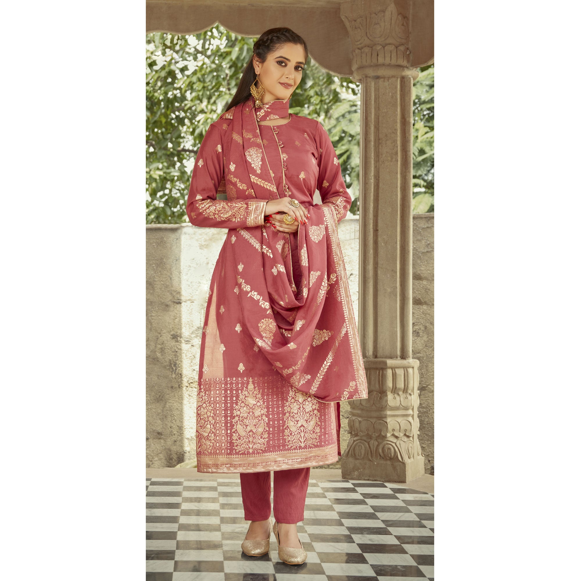 Pink Woven Viscose Kurti With Dupatta