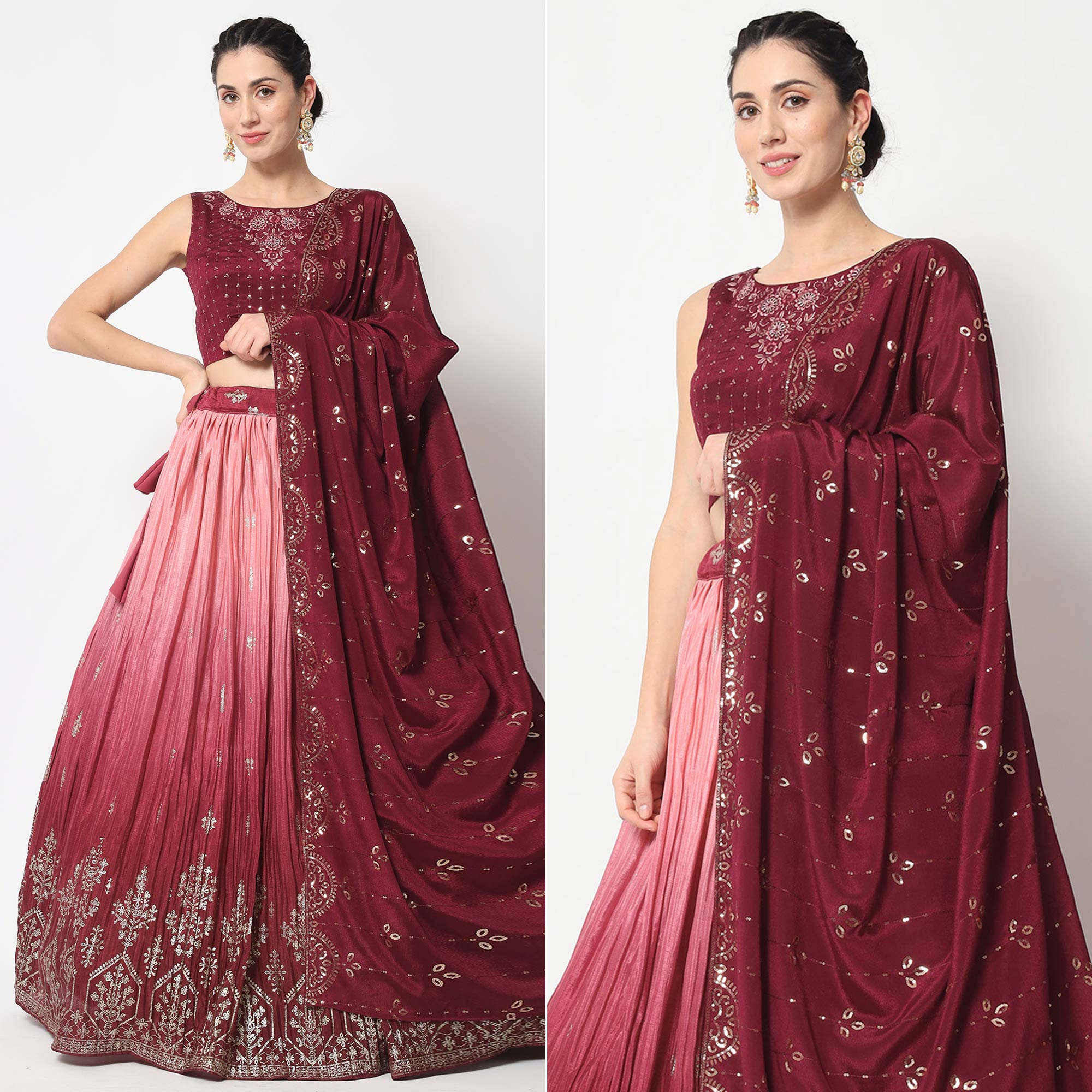 Pink & Maroon Foil Printed Chiffon Lehenga Choli