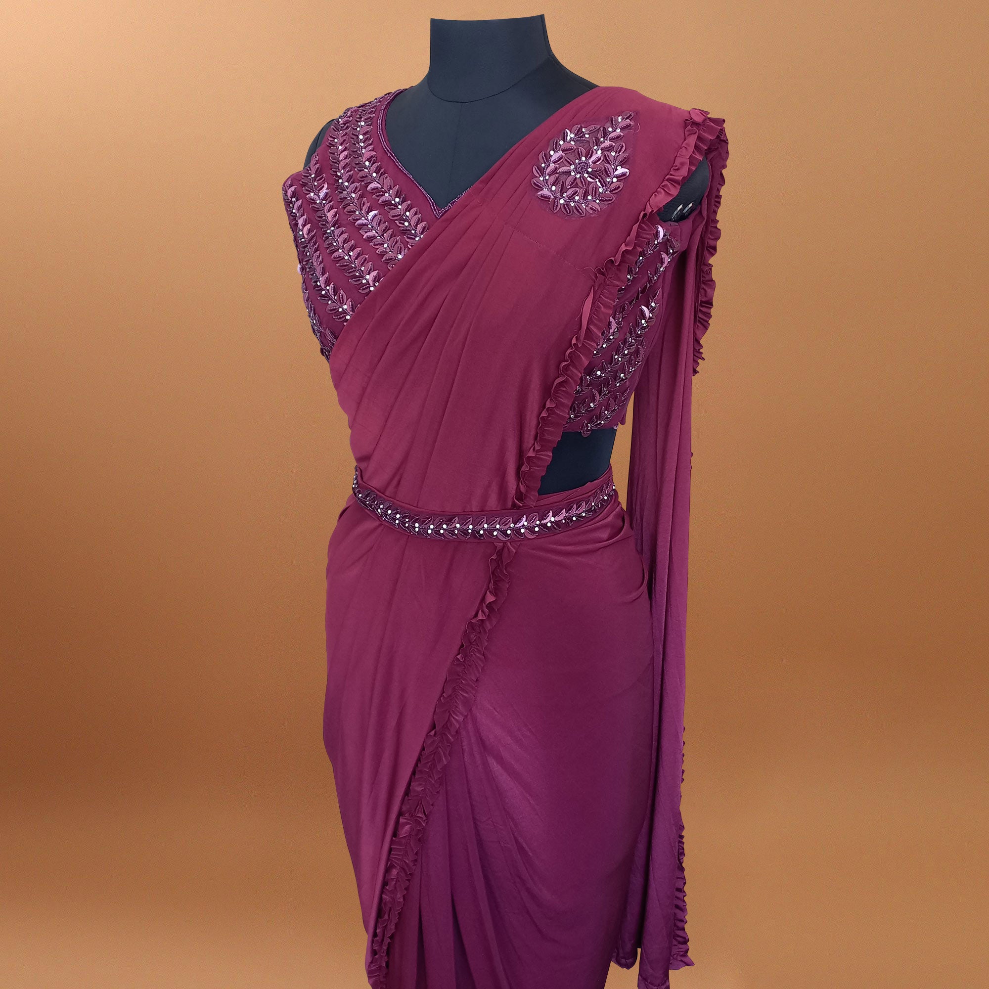 Wine Floral With Solid Ready to Wear Lycra Saree